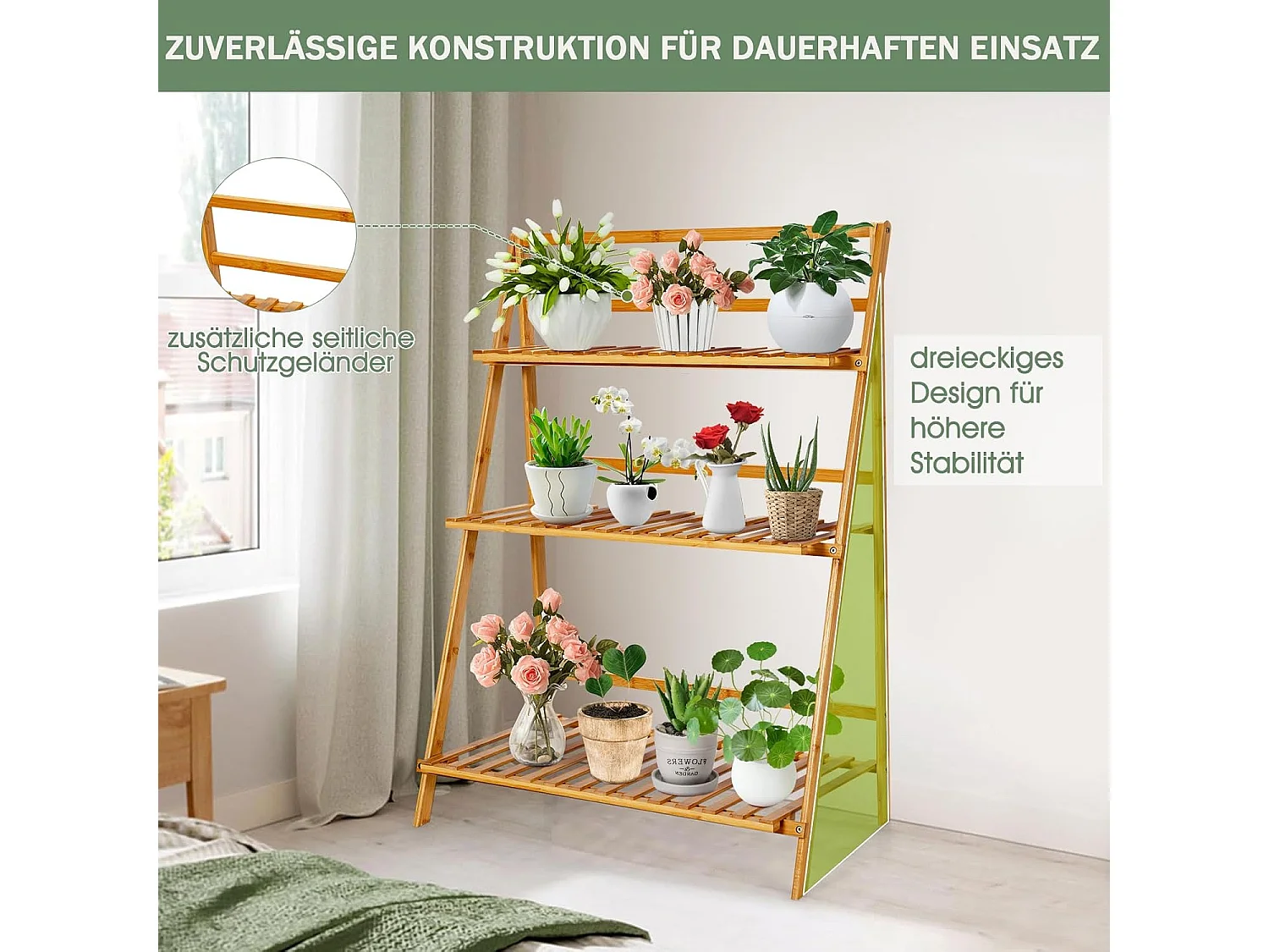 Plantenladder met 3 niveaus, inklapbaar, bamboe, bloemenrek, vrijstaand, bloemenstandaard voor binnen en buiten, bloementrap, plantentrap, ladderrek, natuurTL32259