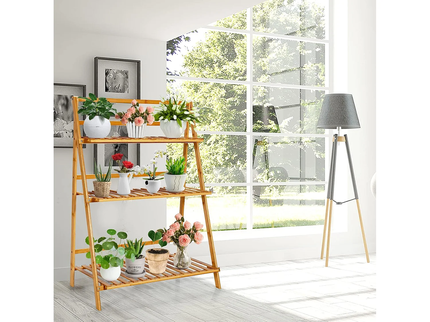 Plantenladder met 3 niveaus, inklapbaar, bamboe, bloemenrek, vrijstaand, bloemenstandaard voor binnen en buiten, bloementrap, plantentrap, ladderrek, natuurTL32259