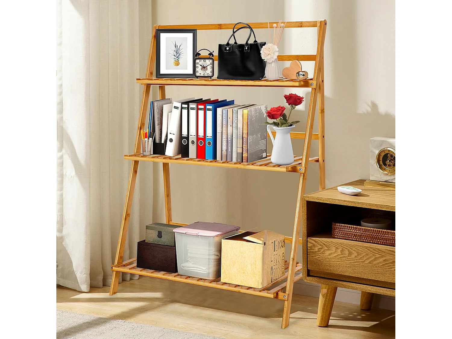 Plantenladder met 3 niveaus, inklapbaar, bamboe, bloemenrek, vrijstaand, bloemenstandaard voor binnen en buiten, bloementrap, plantentrap, ladderrek, natuurTL32259