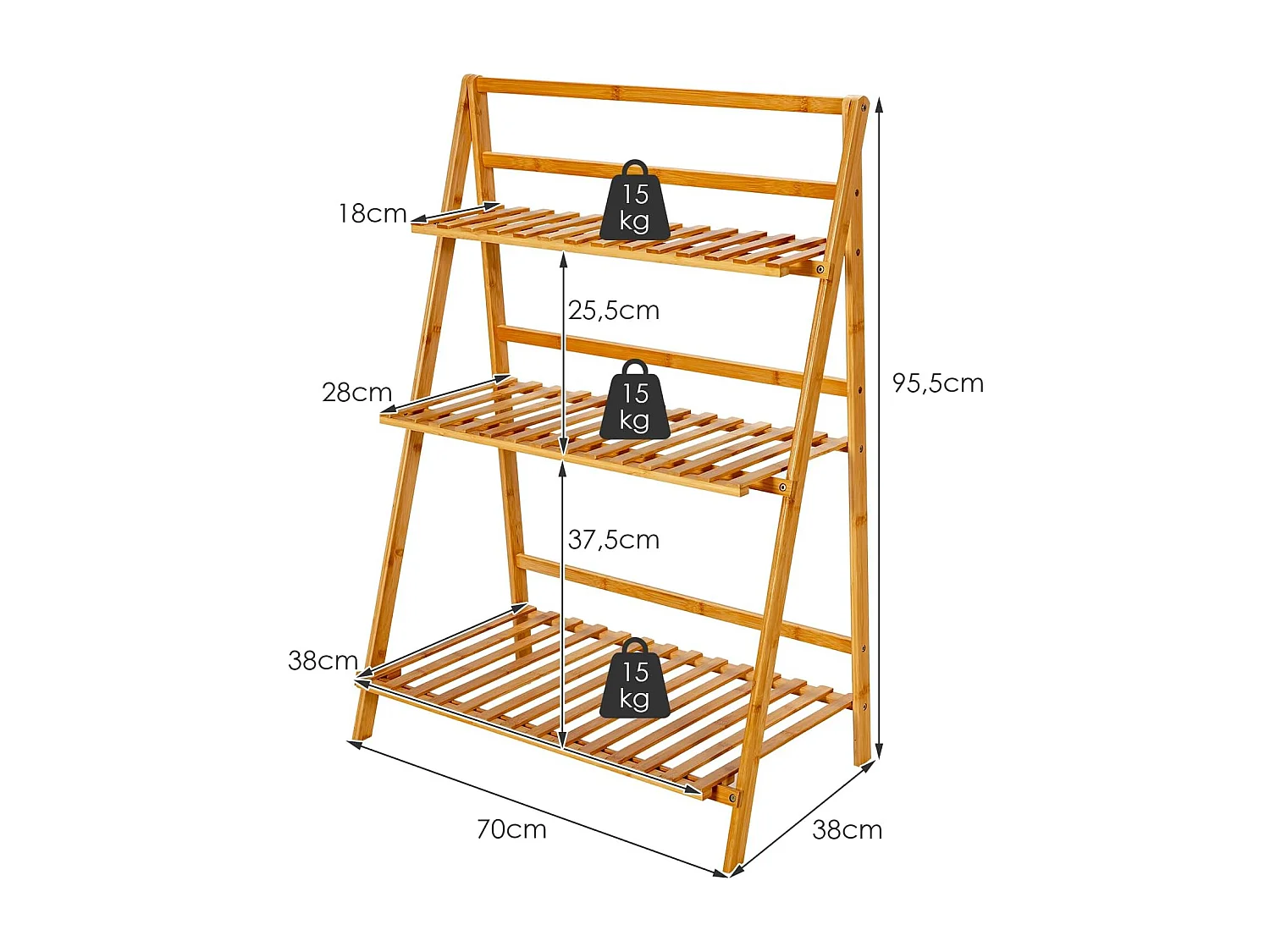Plantenladder met 3 niveaus, inklapbaar, bamboe, bloemenrek, vrijstaand, bloemenstandaard voor binnen en buiten, bloementrap, plantentrap, ladderrek, natuurTL32259