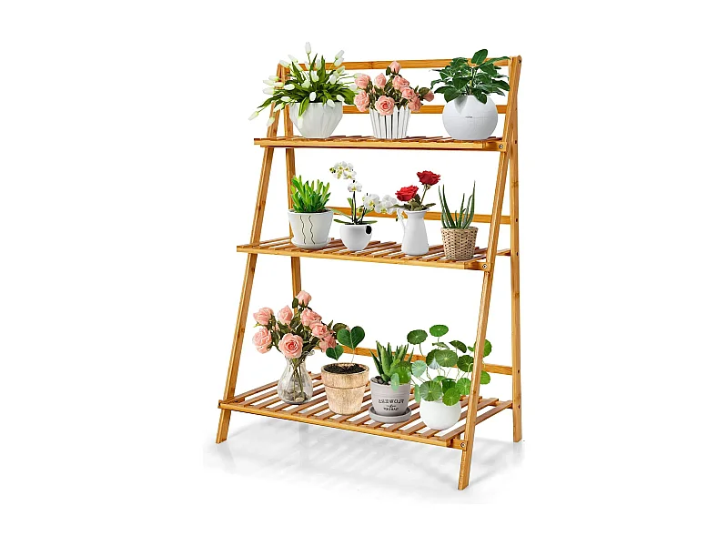 Plantenladder met 3 niveaus, inklapbaar, bamboe, bloemenrek, vrijstaand, bloemenstandaard voor binnen en buiten, bloementrap, plantentrap, ladderrek, natuurTL32259