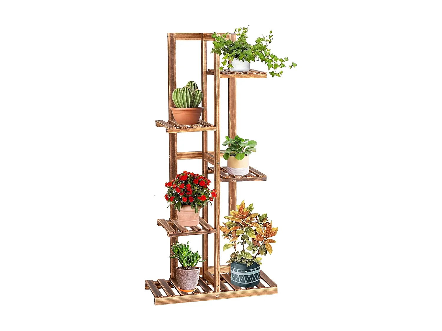 Plantenstandaard, vrijstaand bloemenrek, plantenrek, houten bloementrap, meerdere verdiepingen, houten plank, plantentrap voor binnen en buiten (6 niveaus/bruin)