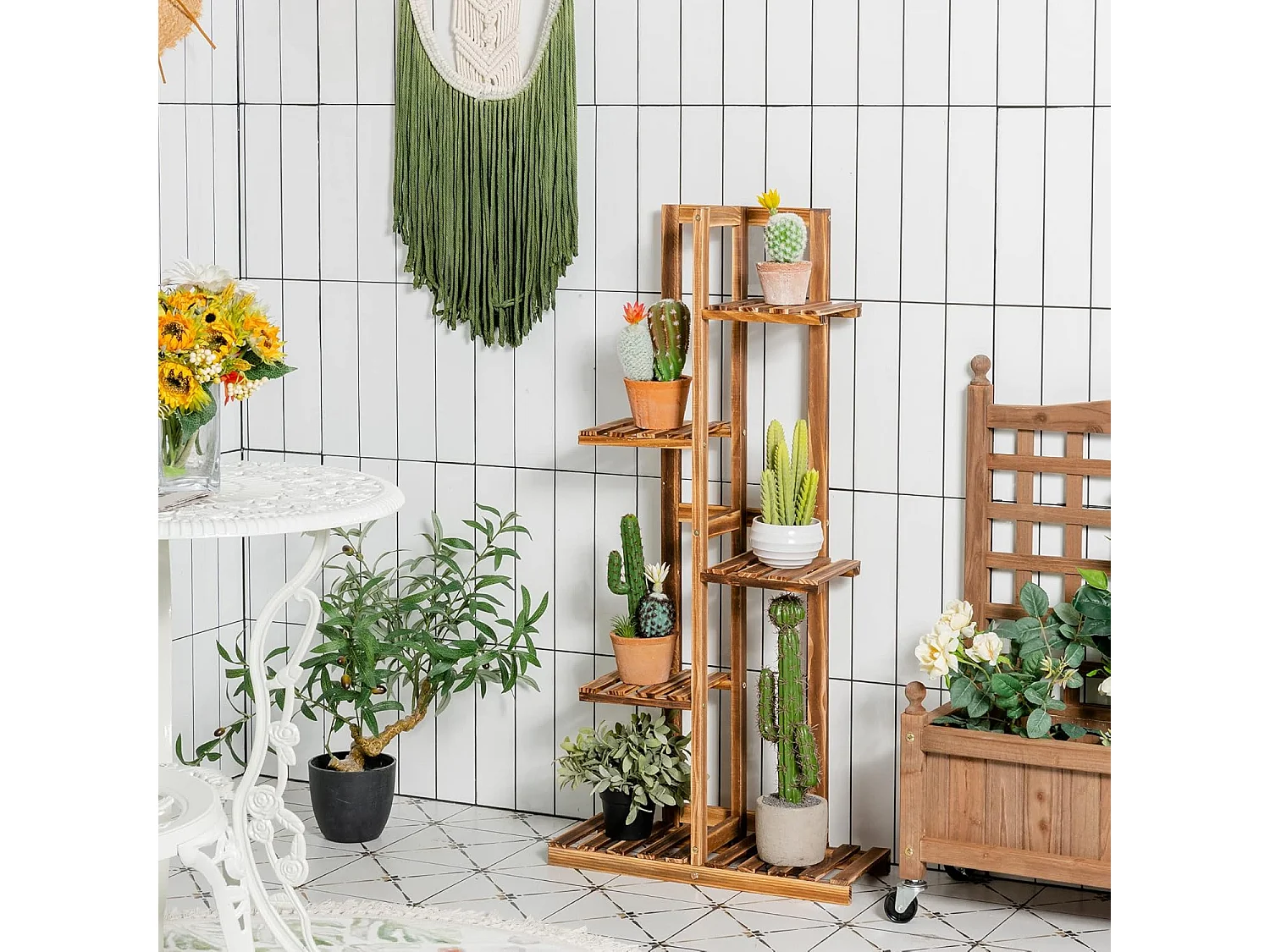 Plantenstandaard, vrijstaand bloemenrek, plantenrek, houten bloementrap, meerdere verdiepingen, houten plank, plantentrap voor binnen en buiten (6 niveaus/bruin)