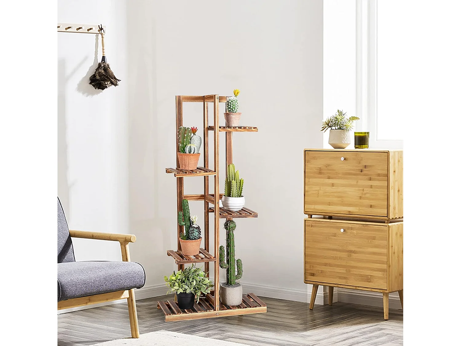 Plantenstandaard, vrijstaand bloemenrek, plantenrek, houten bloementrap, meerdere verdiepingen, houten plank, plantentrap voor binnen en buiten (6 niveaus/bruin)