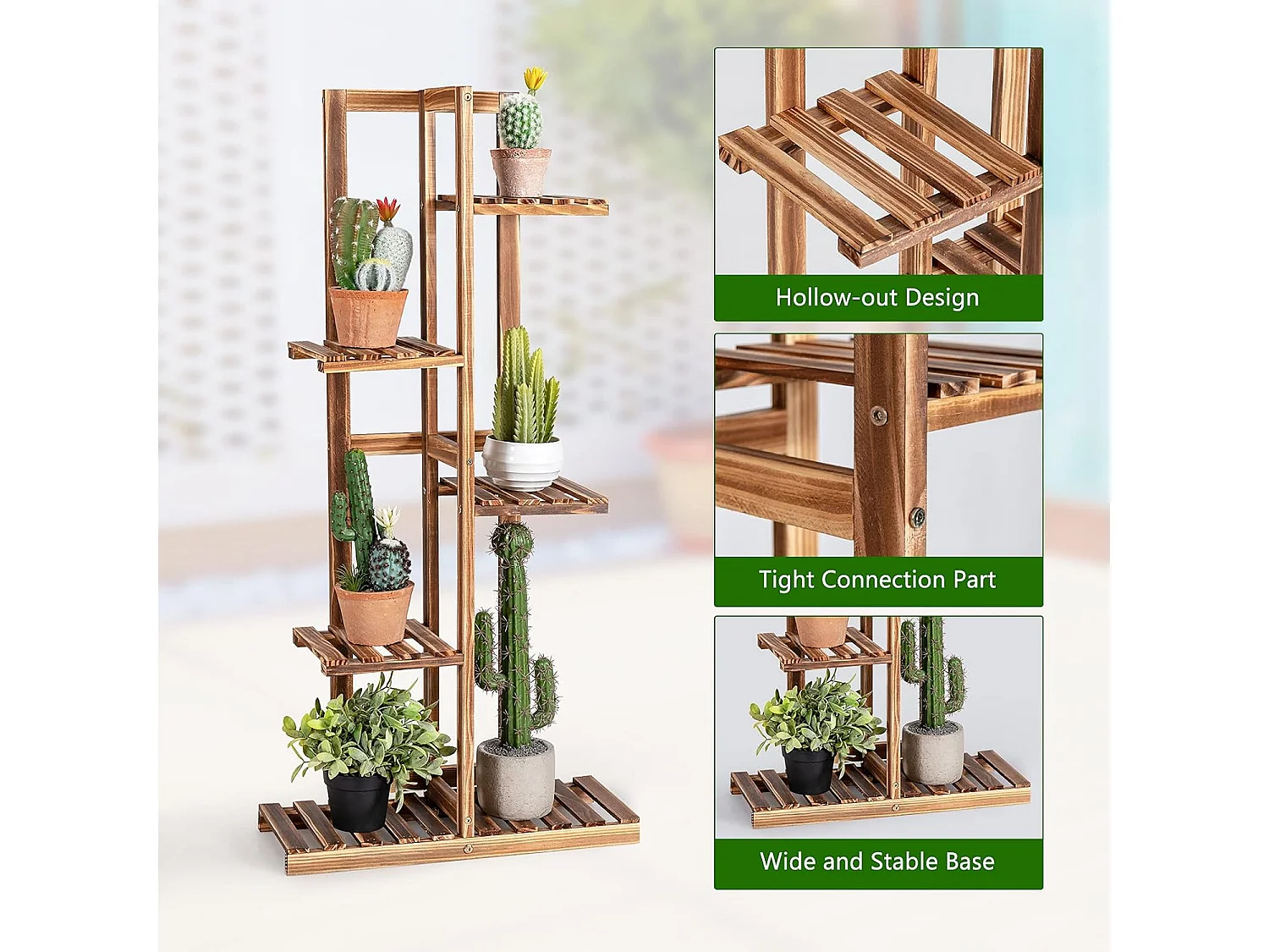 Plantenstandaard, vrijstaand bloemenrek, plantenrek, houten bloementrap, meerdere verdiepingen, houten plank, plantentrap voor binnen en buiten (6 niveaus/bruin)