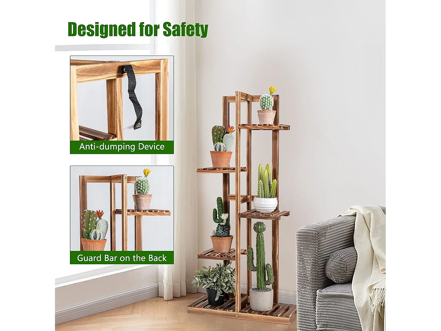Plantenstandaard, vrijstaand bloemenrek, plantenrek, houten bloementrap, meerdere verdiepingen, houten plank, plantentrap voor binnen en buiten (6 niveaus/bruin)