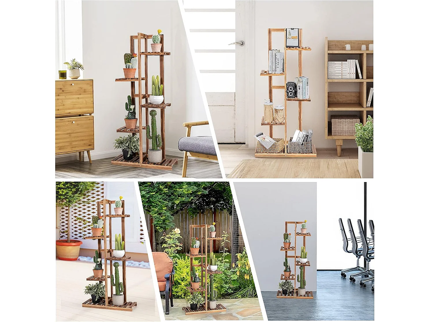 Plantenstandaard, vrijstaand bloemenrek, plantenrek, houten bloementrap, meerdere verdiepingen, houten plank, plantentrap voor binnen en buiten (6 niveaus/bruin)