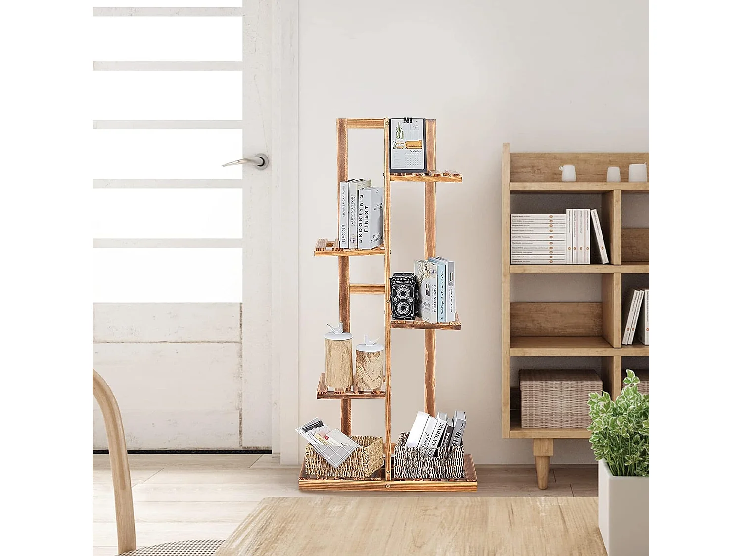 Plantenstandaard, vrijstaand bloemenrek, plantenrek, houten bloementrap, meerdere verdiepingen, houten plank, plantentrap voor binnen en buiten (6 niveaus/bruin)