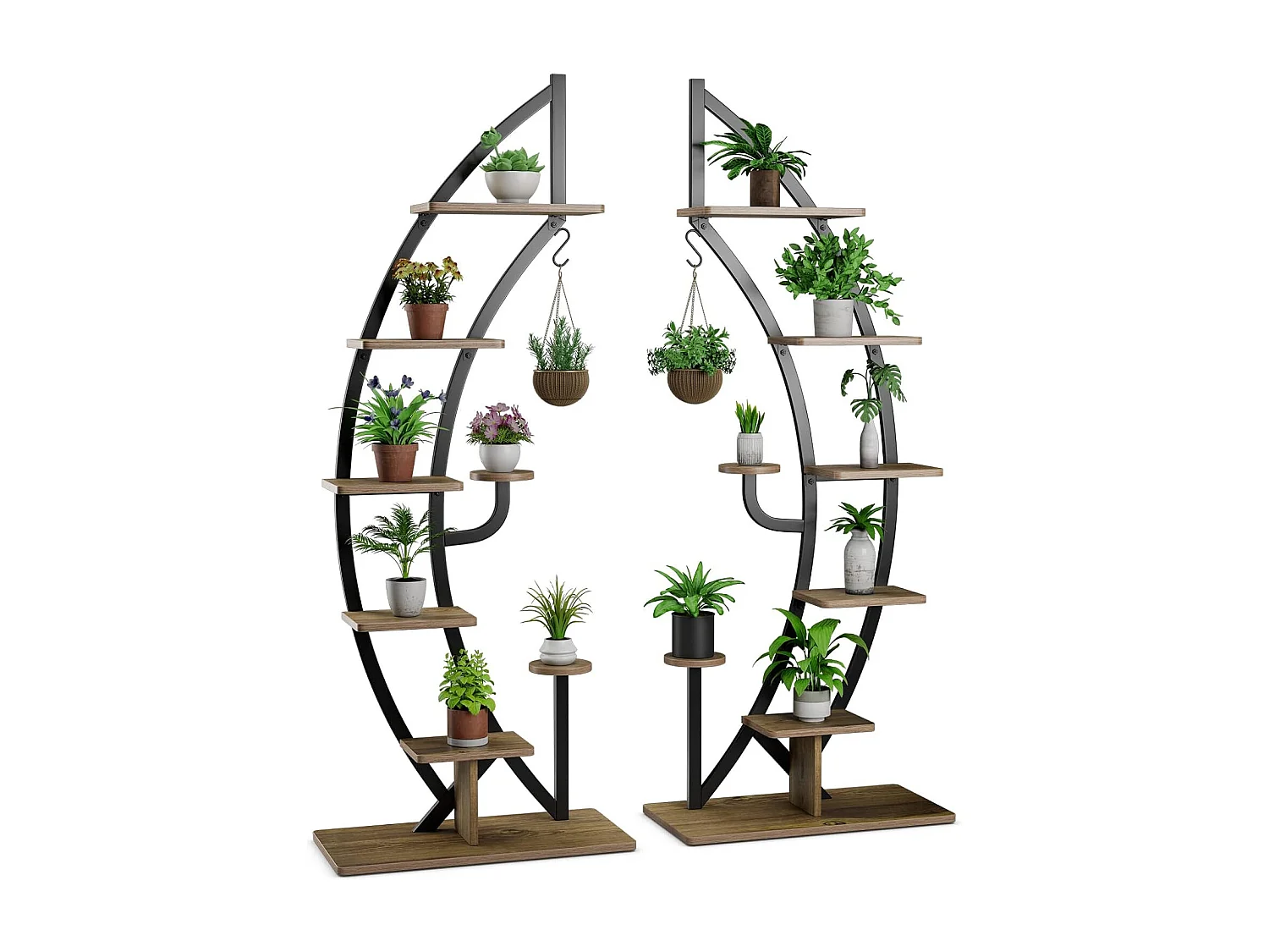 6-traps metalen plantenstandaard in halve maanvorm, bloemenrek met 2 kleine planken en bovenste haken,bloempotstandaard voor tuin, woonkamer (1 stuks)TL32291