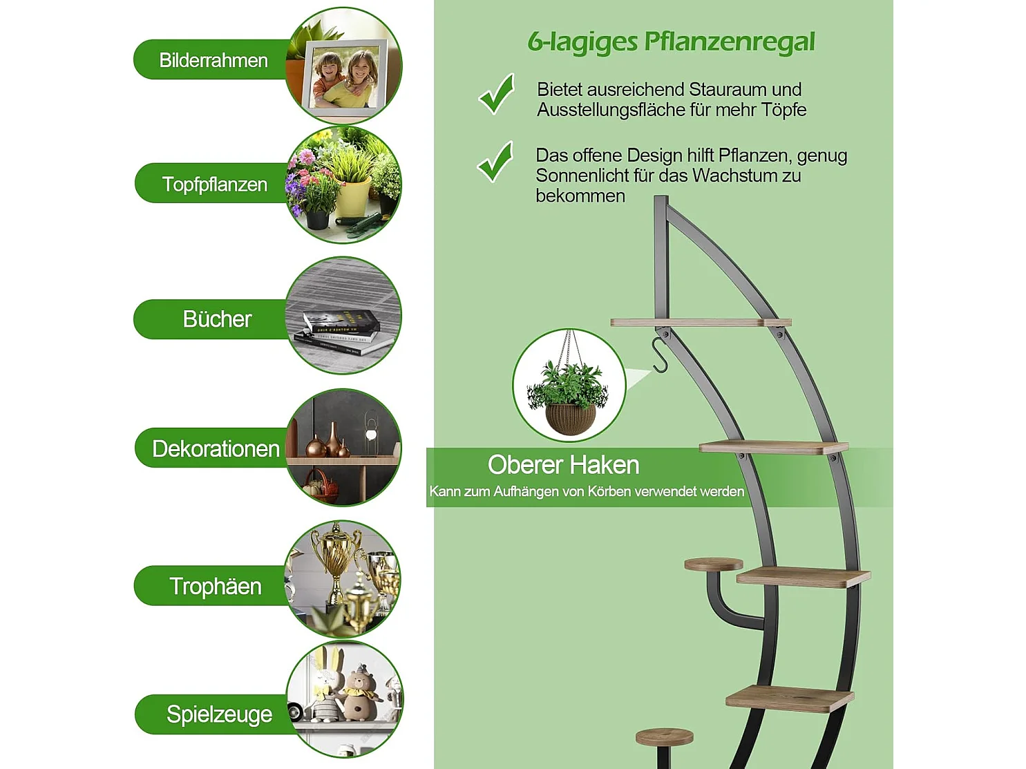 6-traps metalen plantenstandaard in halve maanvorm, bloemenrek met 2 kleine planken en bovenste haken,bloempotstandaard voor tuin, woonkamer (1 stuks)TL32291