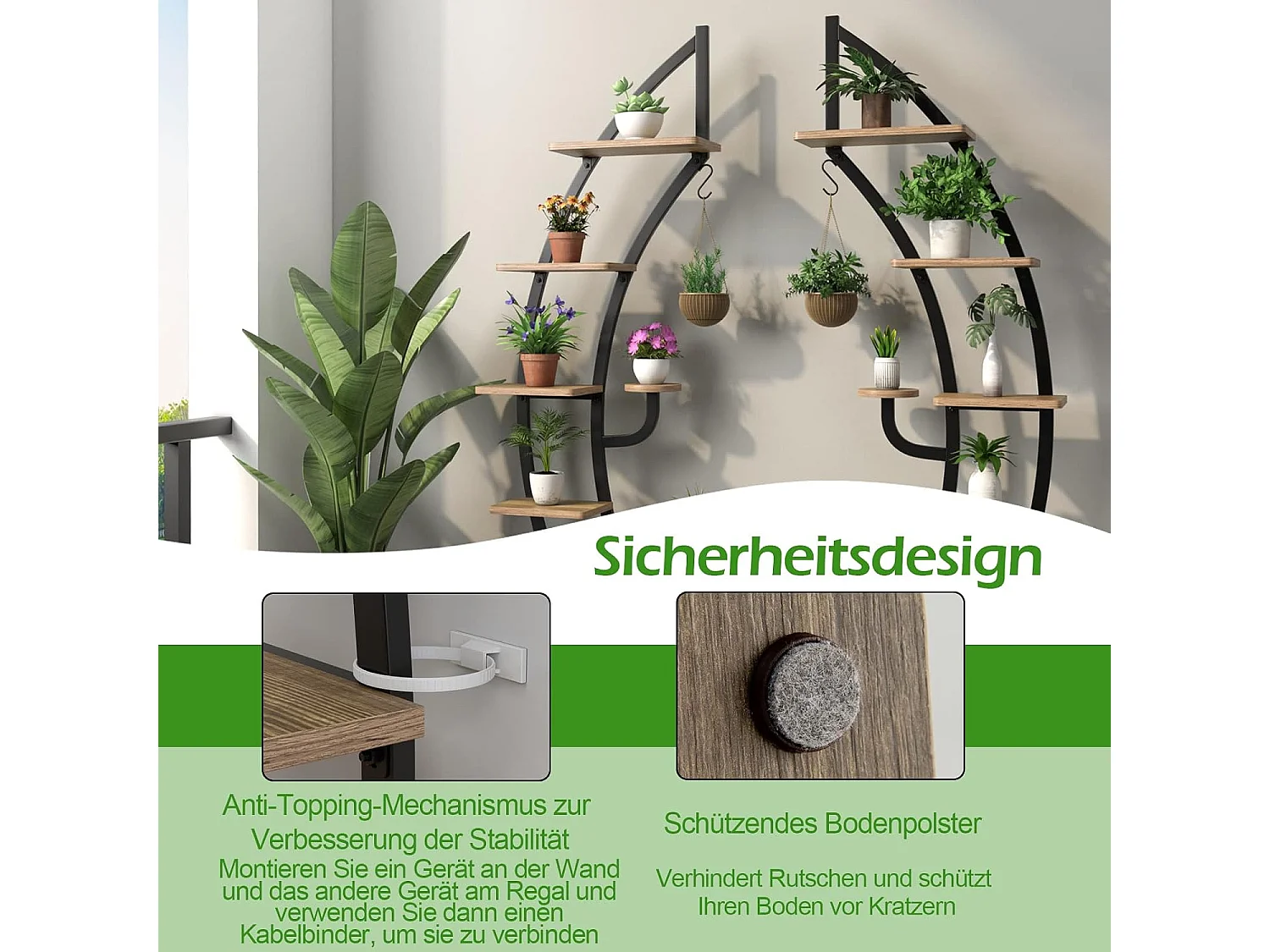 6-traps metalen plantenstandaard in halve maanvorm, bloemenrek met 2 kleine planken en bovenste haken,bloempotstandaard voor tuin, woonkamer (1 stuks)TL32291