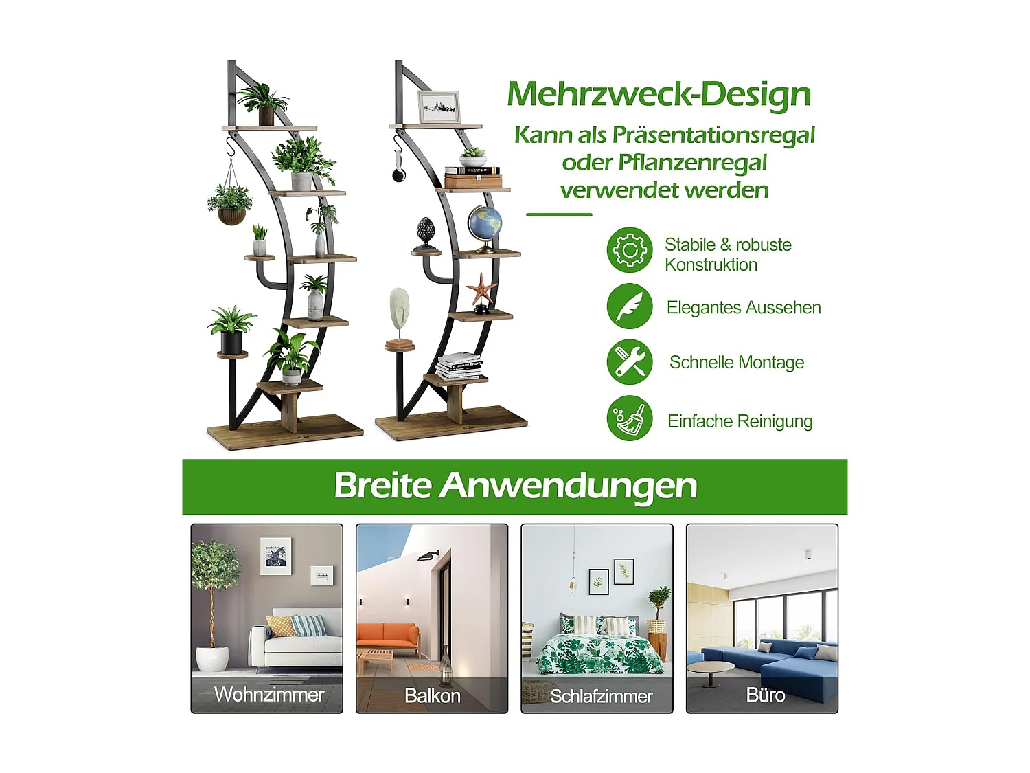 6-traps metalen plantenstandaard in halve maanvorm, bloemenrek met 2 kleine planken en bovenste haken,bloempotstandaard voor tuin, woonkamer (1 stuks)TL32291