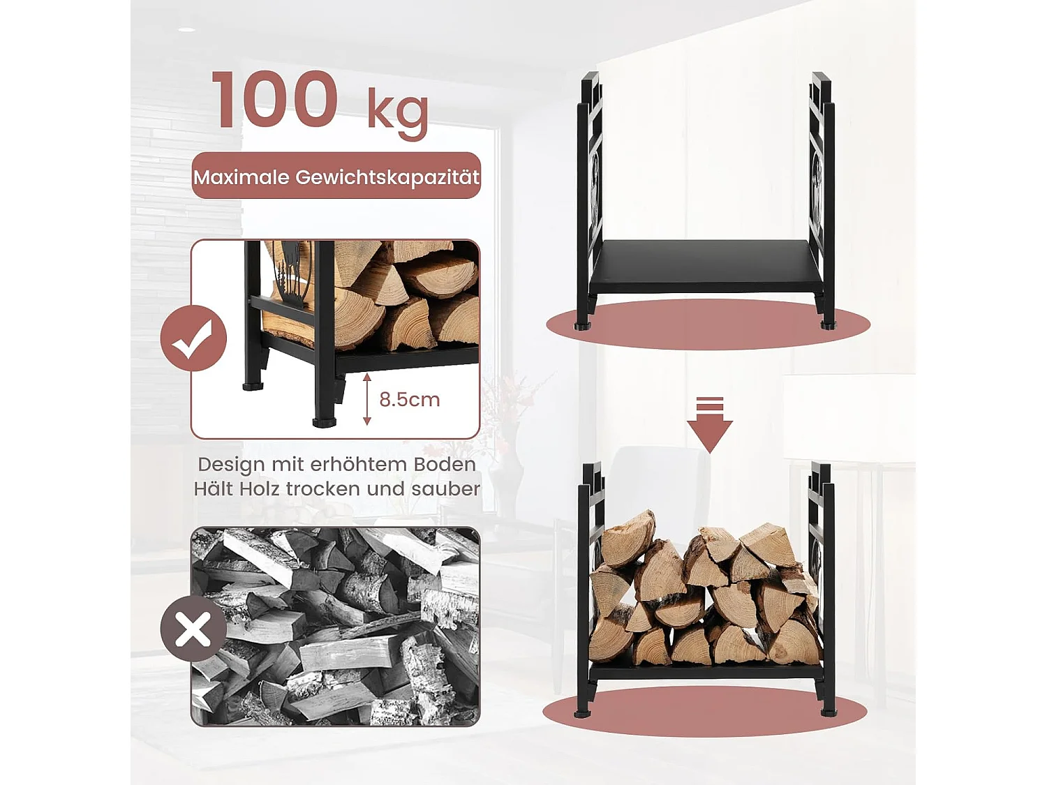 Brandhoutrek van metaal met handgrepen en verstelbare voetkussens, brandhoutrek voor binnen en buiten, brandhoutrek voor open haard en oven, 46 x 34 x 45 cm