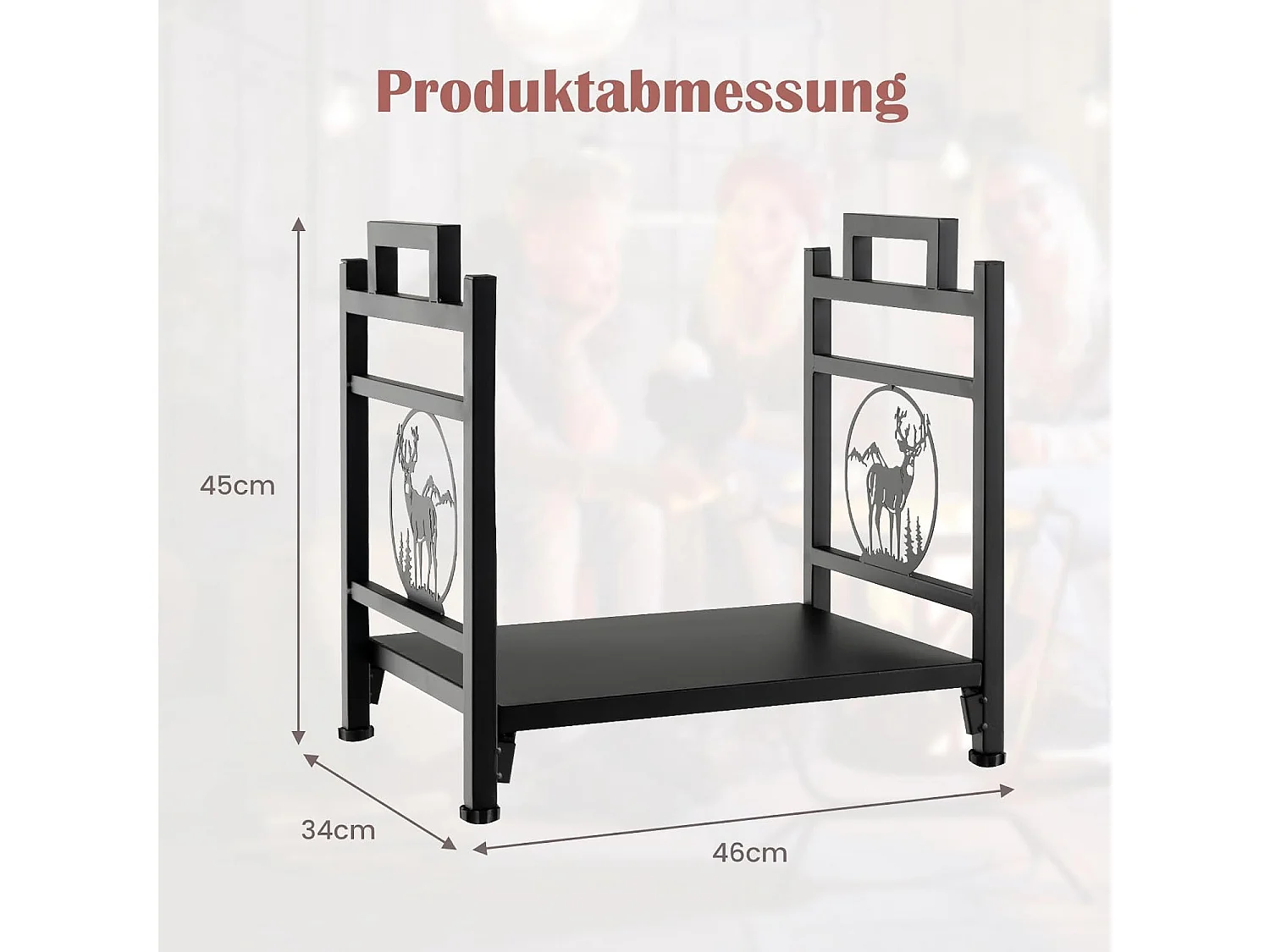 Brandhoutrek van metaal met handgrepen en verstelbare voetkussens, brandhoutrek voor binnen en buiten, brandhoutrek voor open haard en oven, 46 x 34 x 45 cm