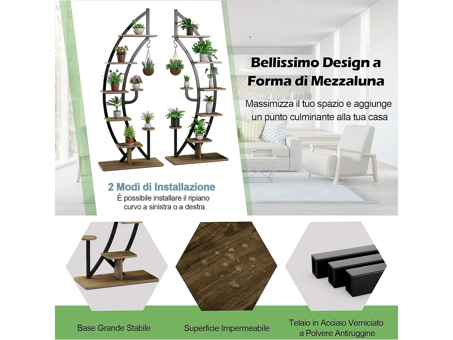 Metalen plantenstandaard in halve maanvorm, 6 trappen, bloemenrek met 2 kleine planken en bovenste haken,bloempotstandaard voor tuin, woonkamer (2 stuks)