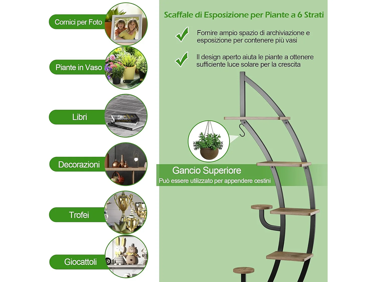 Metalen plantenstandaard in halve maanvorm, 6 trappen, bloemenrek met 2 kleine planken en bovenste haken,bloempotstandaard voor tuin, woonkamer (2 stuks)