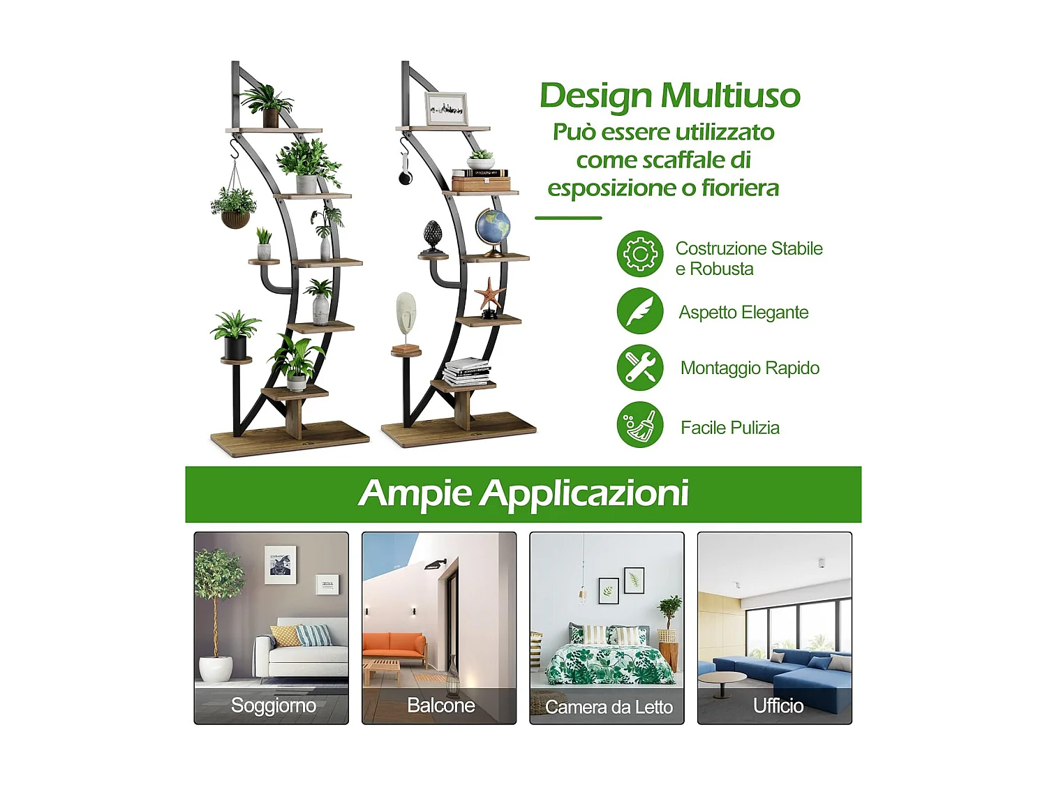 Metalen plantenstandaard in halve maanvorm, 6 trappen, bloemenrek met 2 kleine planken en bovenste haken,bloempotstandaard voor tuin, woonkamer (2 stuks)