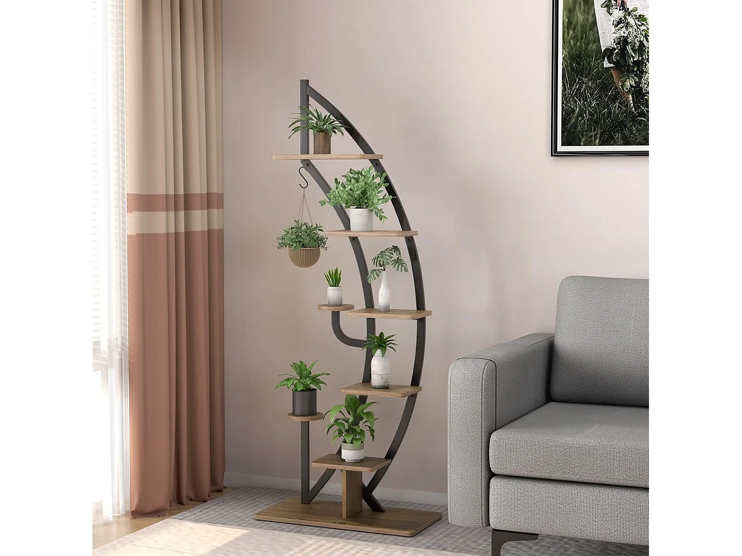 Metalen plantenstandaard in halve maanvorm, 6 trappen, bloemenrek met 2 kleine planken en bovenste haken,bloempotstandaard voor tuin, woonkamer (2 stuks)