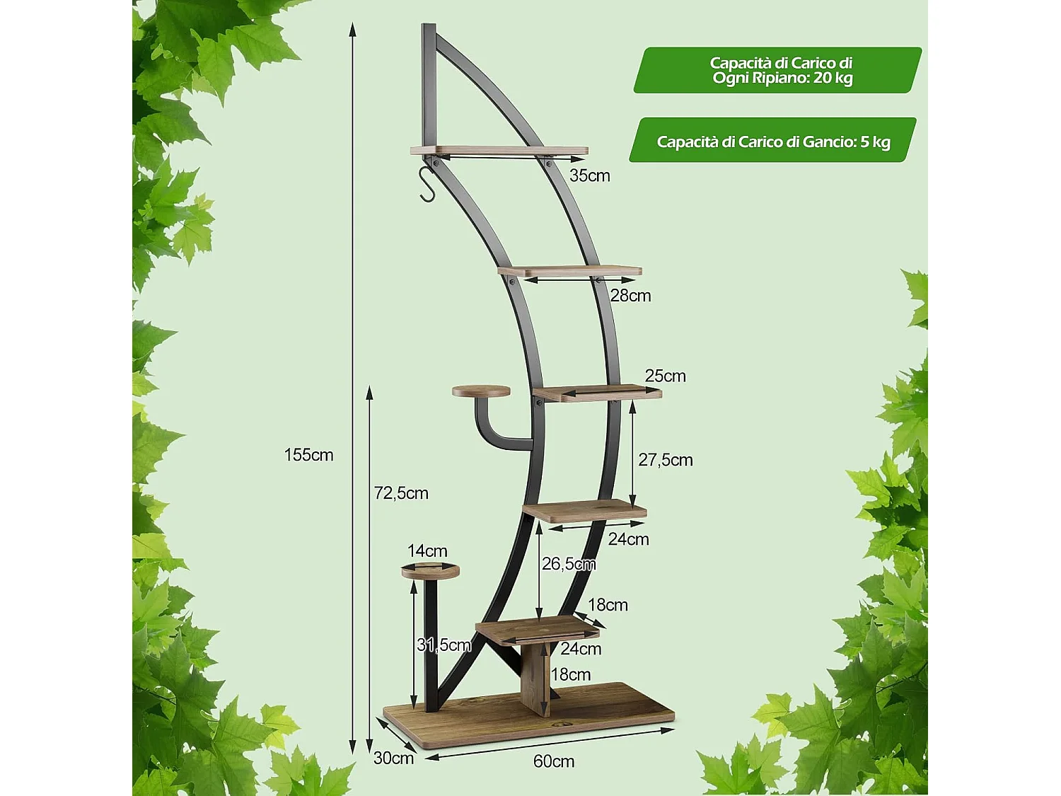 Metalen plantenstandaard in halve maanvorm, 6 trappen, bloemenrek met 2 kleine planken en bovenste haken,bloempotstandaard voor tuin, woonkamer (2 stuks)