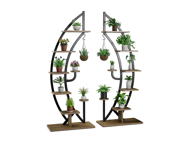 Metalen plantenstandaard in halve maanvorm, 6 trappen, bloemenrek met 2 kleine planken en bovenste haken,bloempotstandaard voor tuin, woonkamer (2 stuks)