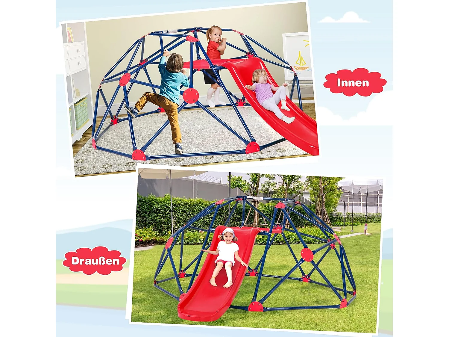 Klimkkoepel met glijbaan, klimrek in koepelvorm met stoffen platform, outdoor en indoor speelplaats voor 3-10 jaar, ideaal voor gymzaal,ZB32981 achtertuin, tuin