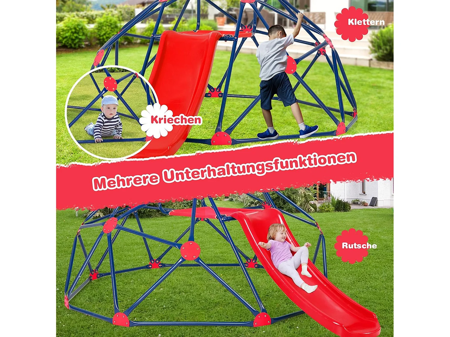 Klimkkoepel met glijbaan, klimrek in koepelvorm met stoffen platform, outdoor en indoor speelplaats voor 3-10 jaar, ideaal voor gymzaal,ZB32981 achtertuin, tuin