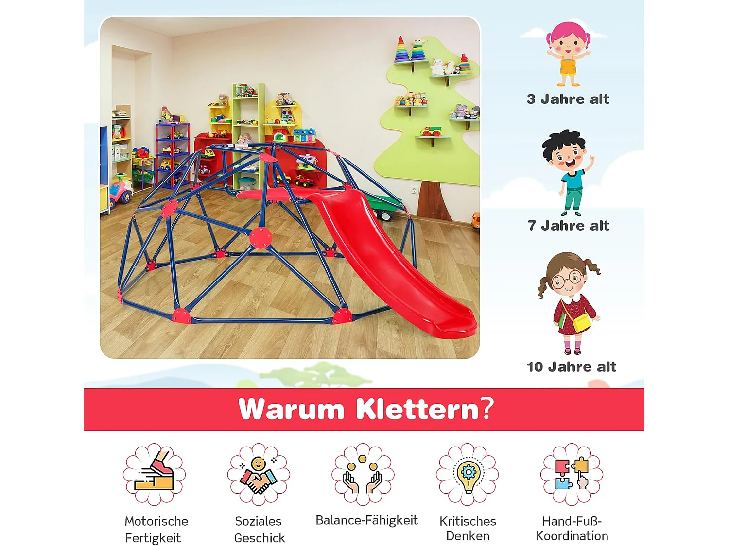 Klimkkoepel met glijbaan, klimrek in koepelvorm met stoffen platform, outdoor en indoor speelplaats voor 3-10 jaar, ideaal voor gymzaal,ZB32981 achtertuin, tuin