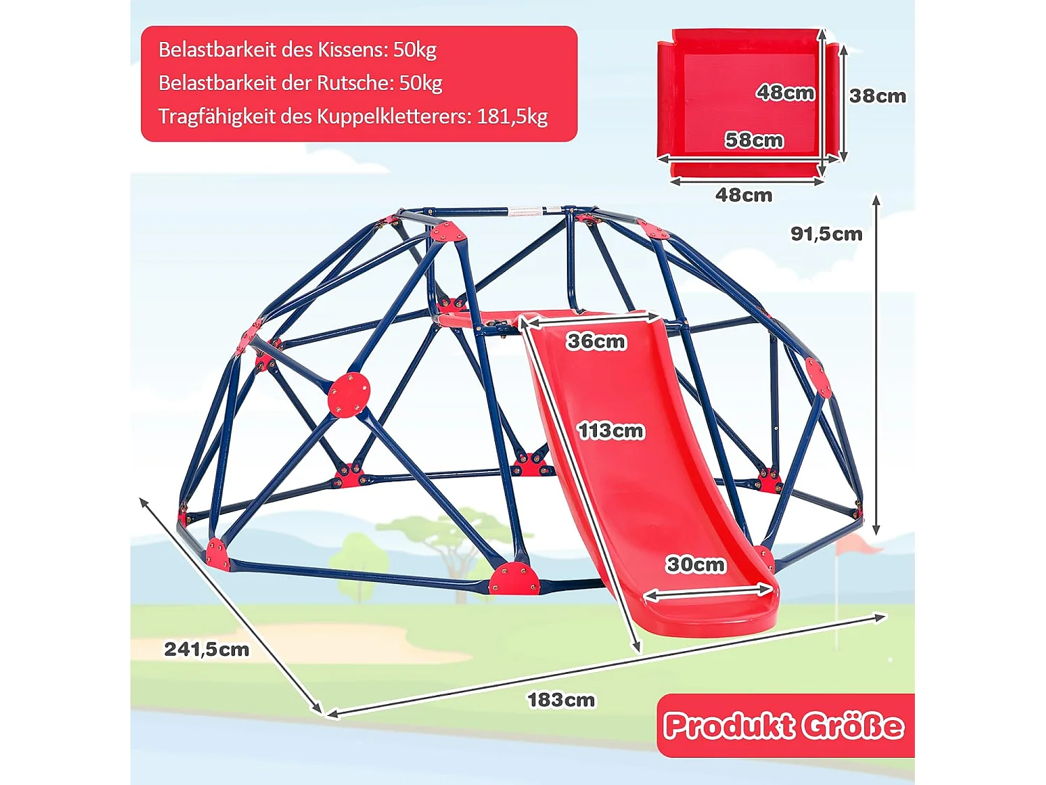 Klimkkoepel met glijbaan, klimrek in koepelvorm met stoffen platform, outdoor en indoor speelplaats voor 3-10 jaar, ideaal voor gymzaal,ZB32981 achtertuin, tuin