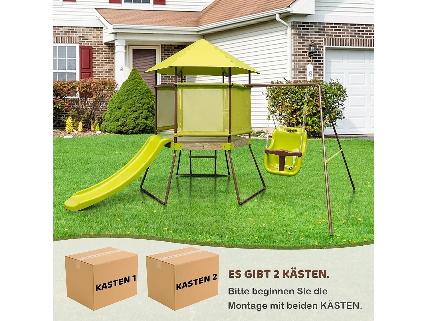 Speeltoren, klimrek met schommel, glijbaan en ladder, outdoor kinderklimtoren, kinderspeelplaats voor tuinZB33861