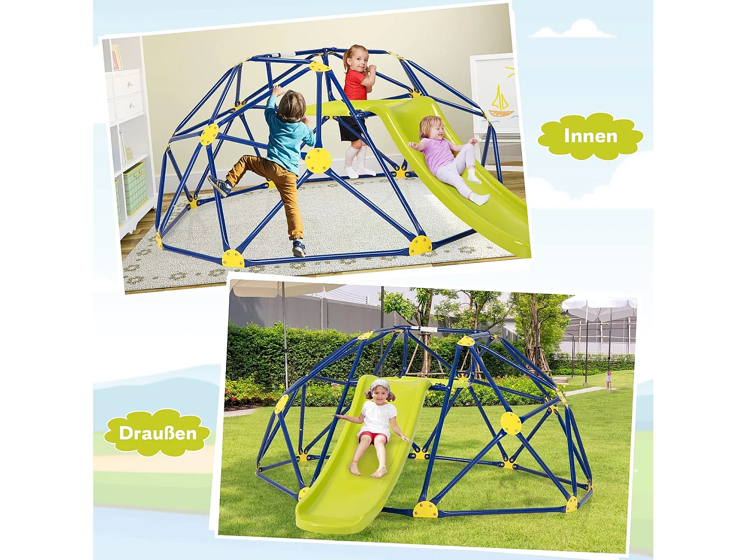 Klimkkoepel met glijbaan, klimrek in koepelvorm met stoffen platform, outdoor en indoor speelplaats voor 3-10 jaar, ideaal voor gymzaal,tuinZB32981