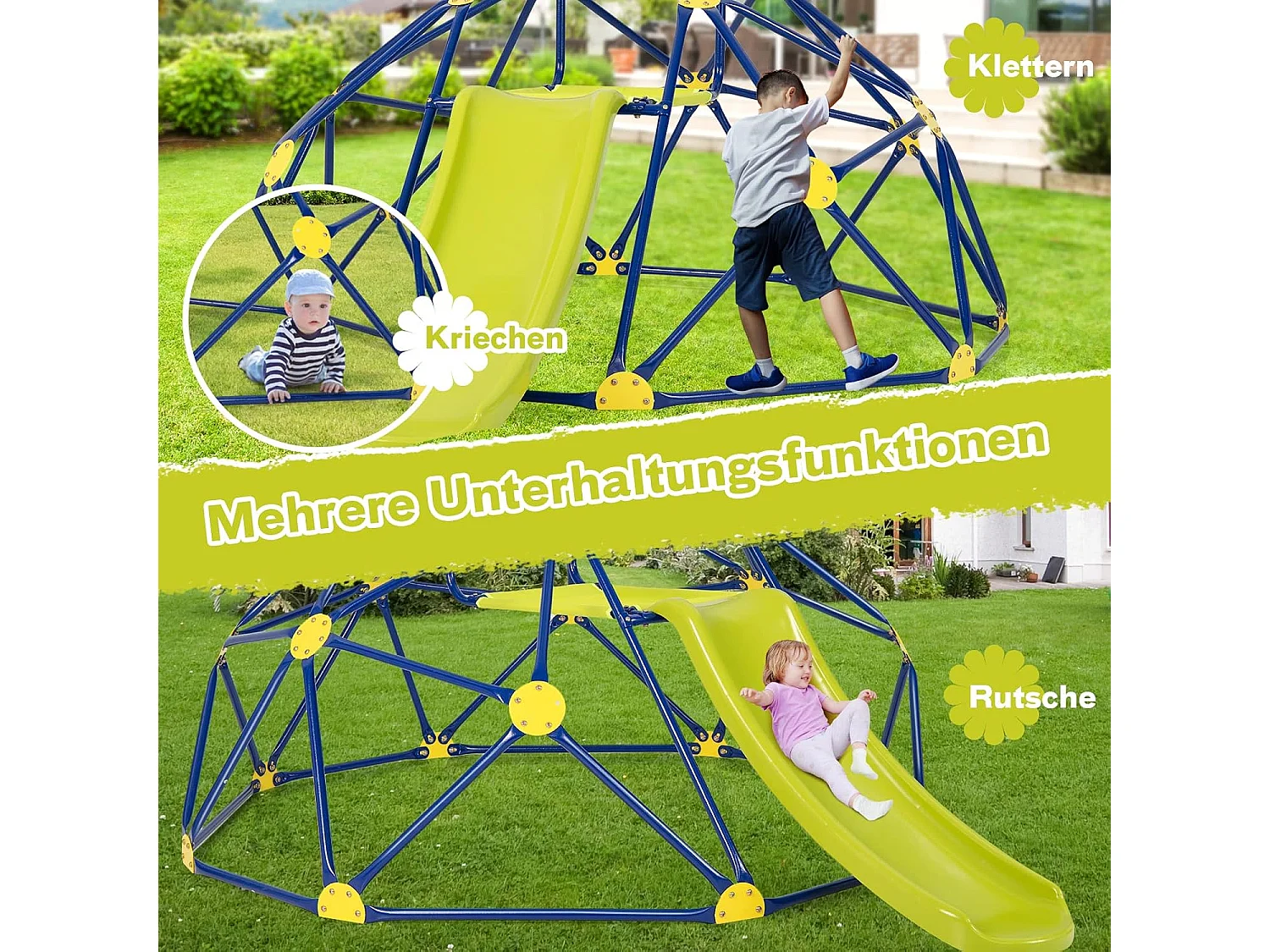 Klimkkoepel met glijbaan, klimrek in koepelvorm met stoffen platform, outdoor en indoor speelplaats voor 3-10 jaar, ideaal voor gymzaal,tuinZB32981