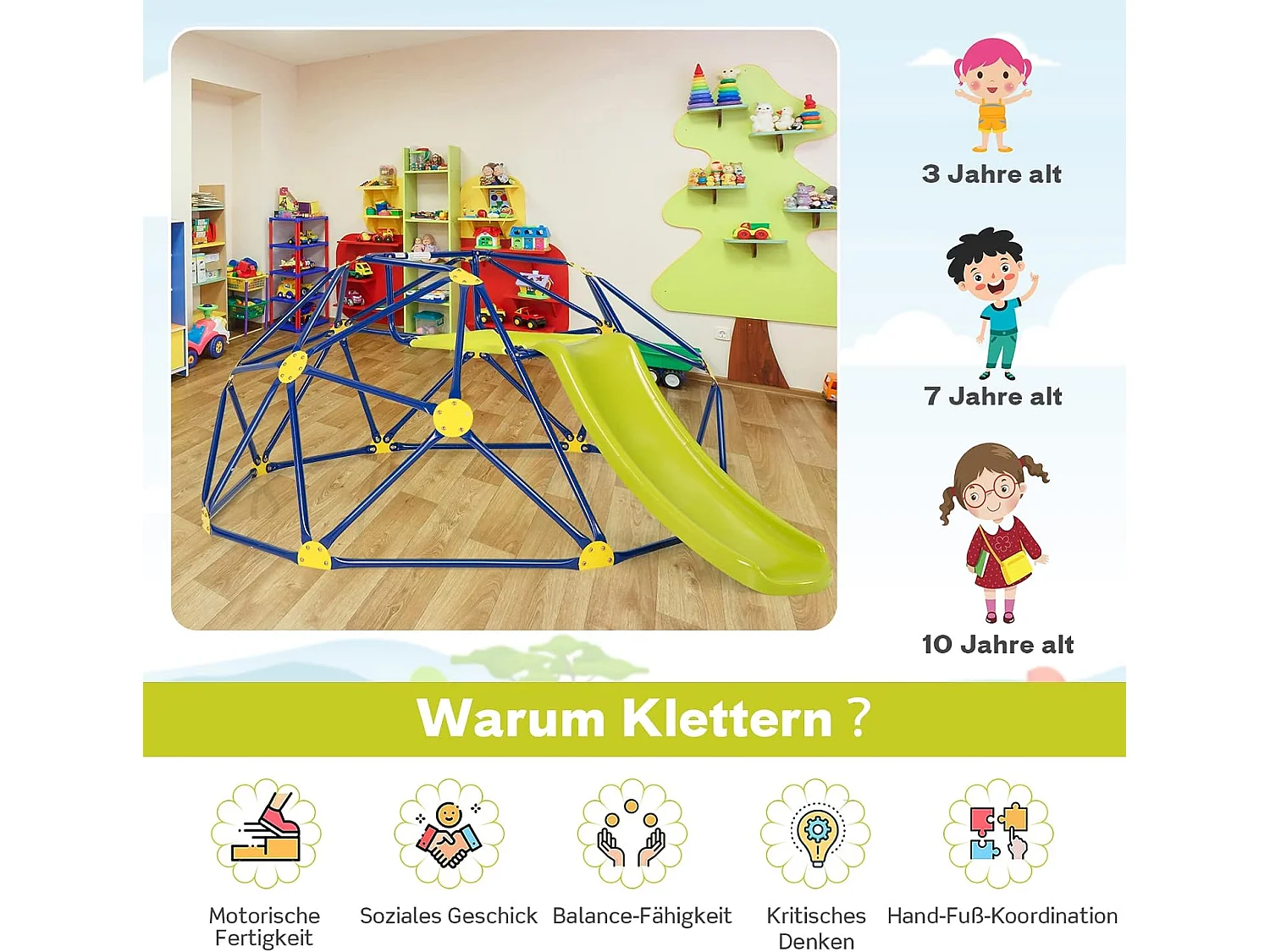 Klimkkoepel met glijbaan, klimrek in koepelvorm met stoffen platform, outdoor en indoor speelplaats voor 3-10 jaar, ideaal voor gymzaal,tuinZB32981