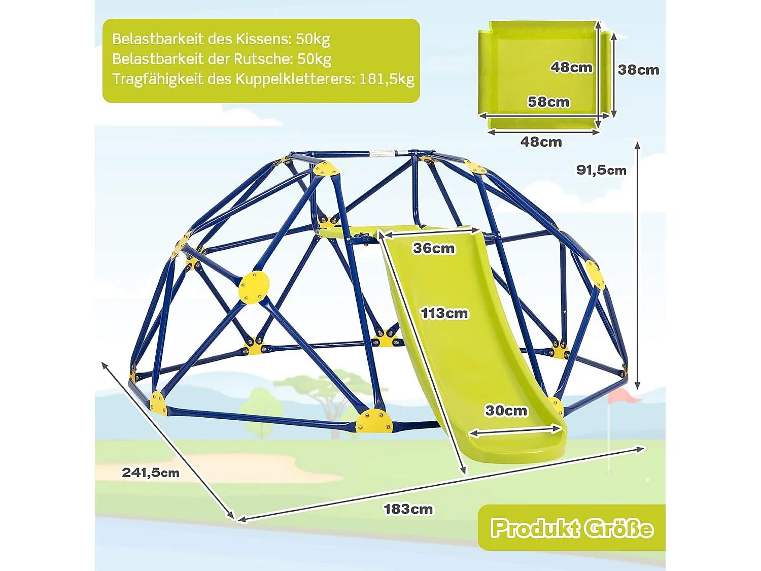 Klimkkoepel met glijbaan, klimrek in koepelvorm met stoffen platform, outdoor en indoor speelplaats voor 3-10 jaar, ideaal voor gymzaal,tuinZB32981