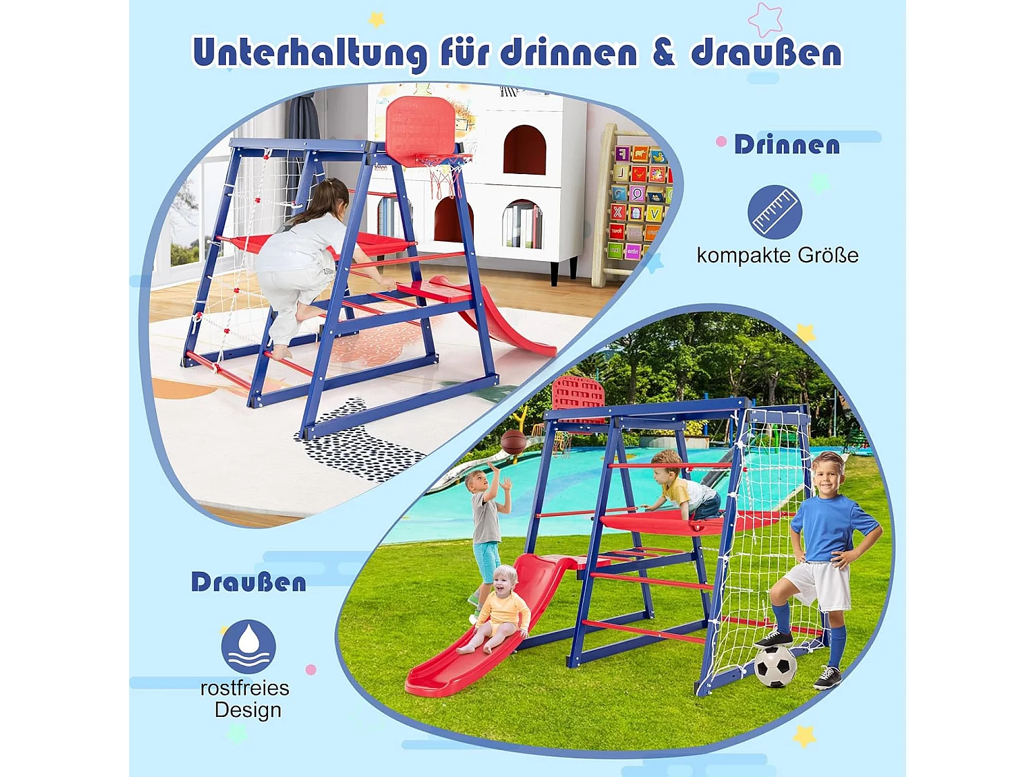 Klimrek, 7-in-1 speelplaats met glijbaan, klimladder, breiladder, voetbalnet, basketbalmand, stoffen platform en kunststof platform, voor binnen en buiten