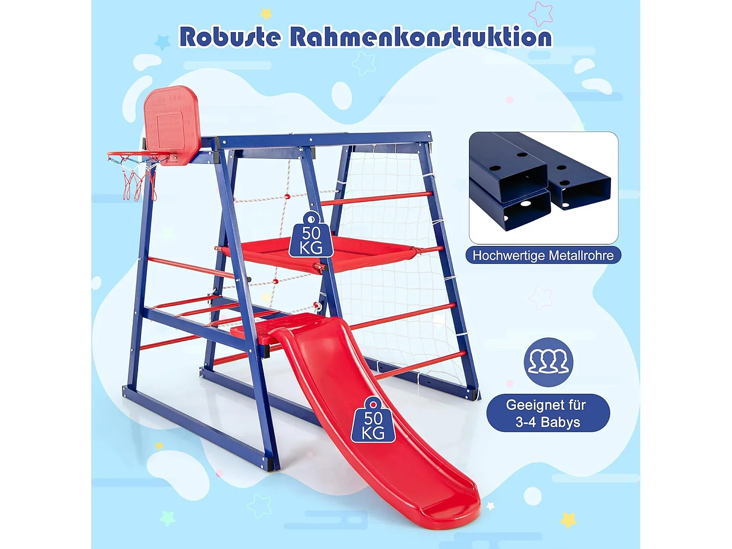 Klimrek, 7-in-1 speelplaats met glijbaan, klimladder, breiladder, voetbalnet, basketbalmand, stoffen platform en kunststof platform, voor binnen en buiten