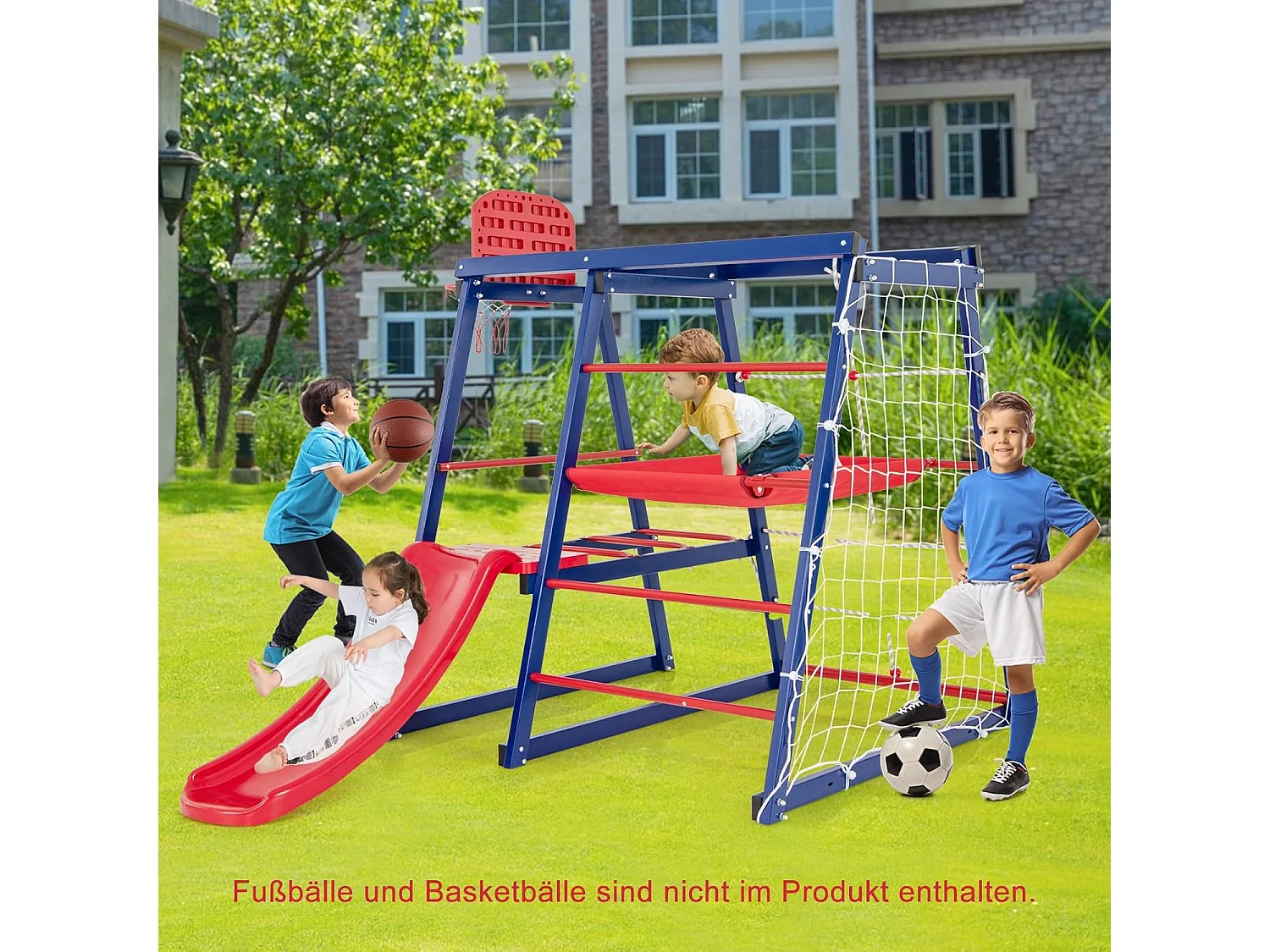 Klimrek, 7-in-1 speelplaats met glijbaan, klimladder, breiladder, voetbalnet, basketbalmand, stoffen platform en kunststof platform, voor binnen en buiten