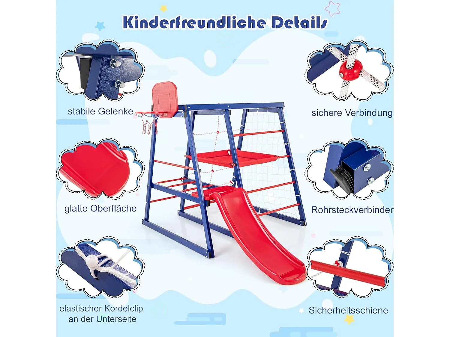Klimrek, 7-in-1 speelplaats met glijbaan, klimladder, breiladder, voetbalnet, basketbalmand, stoffen platform en kunststof platform, voor binnen en buiten