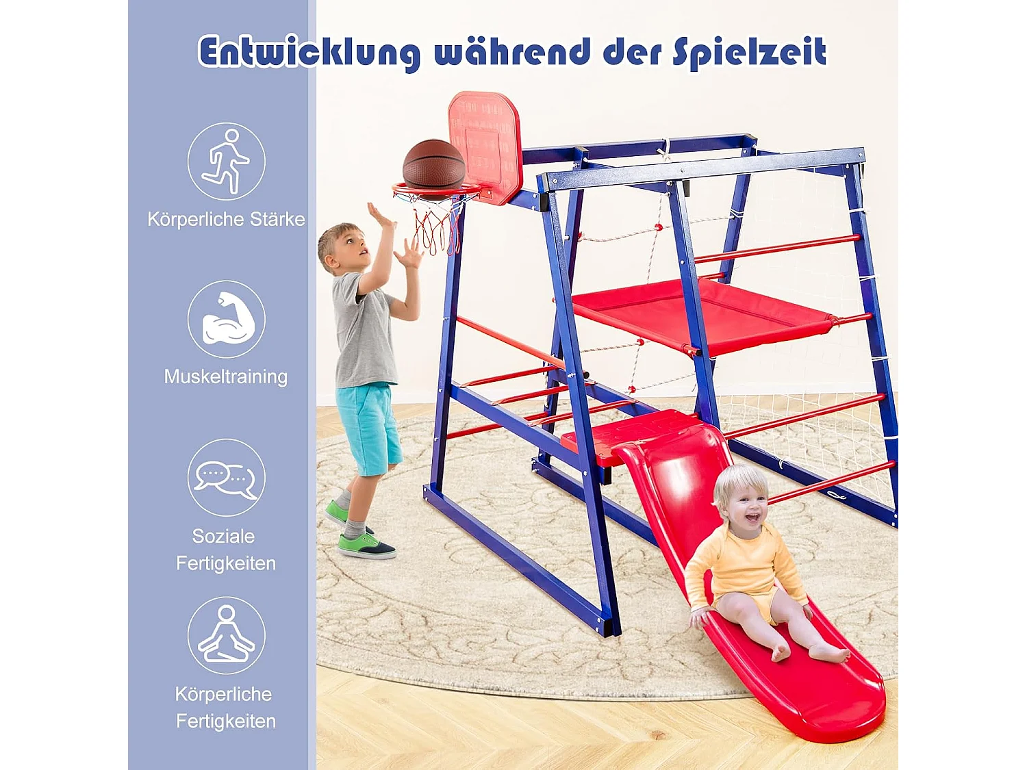 Klimrek, 7-in-1 speelplaats met glijbaan, klimladder, breiladder, voetbalnet, basketbalmand, stoffen platform en kunststof platform, voor binnen en buiten
