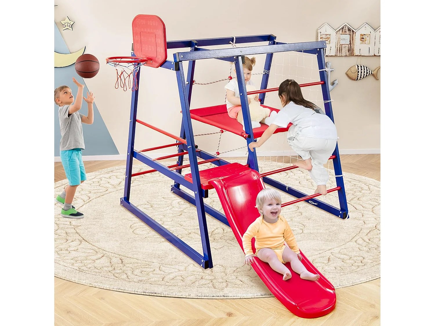 Klimrek, 7-in-1 speelplaats met glijbaan, klimladder, breiladder, voetbalnet, basketbalmand, stoffen platform en kunststof platform, voor binnen en buiten