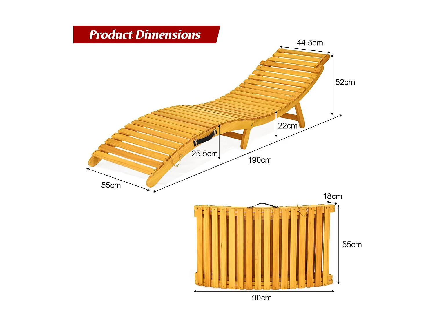 Zonneligstoel, hout, inklapbare ligstoel met kussen en inklapbare hoofdsteun, ergonomische ligstoel, terrasligstoel,houten ligstoel voor tuin, terras, achtertuin