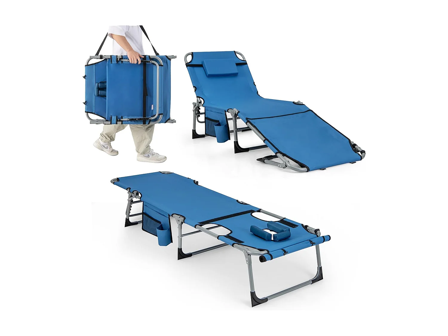 Zonneligstoel met gezichtsopening, opvouwbare ligstoel met verstelbare rugleuning en voetensteun, afneembaar kussen, zijzak, ligstoel blauwZB33480