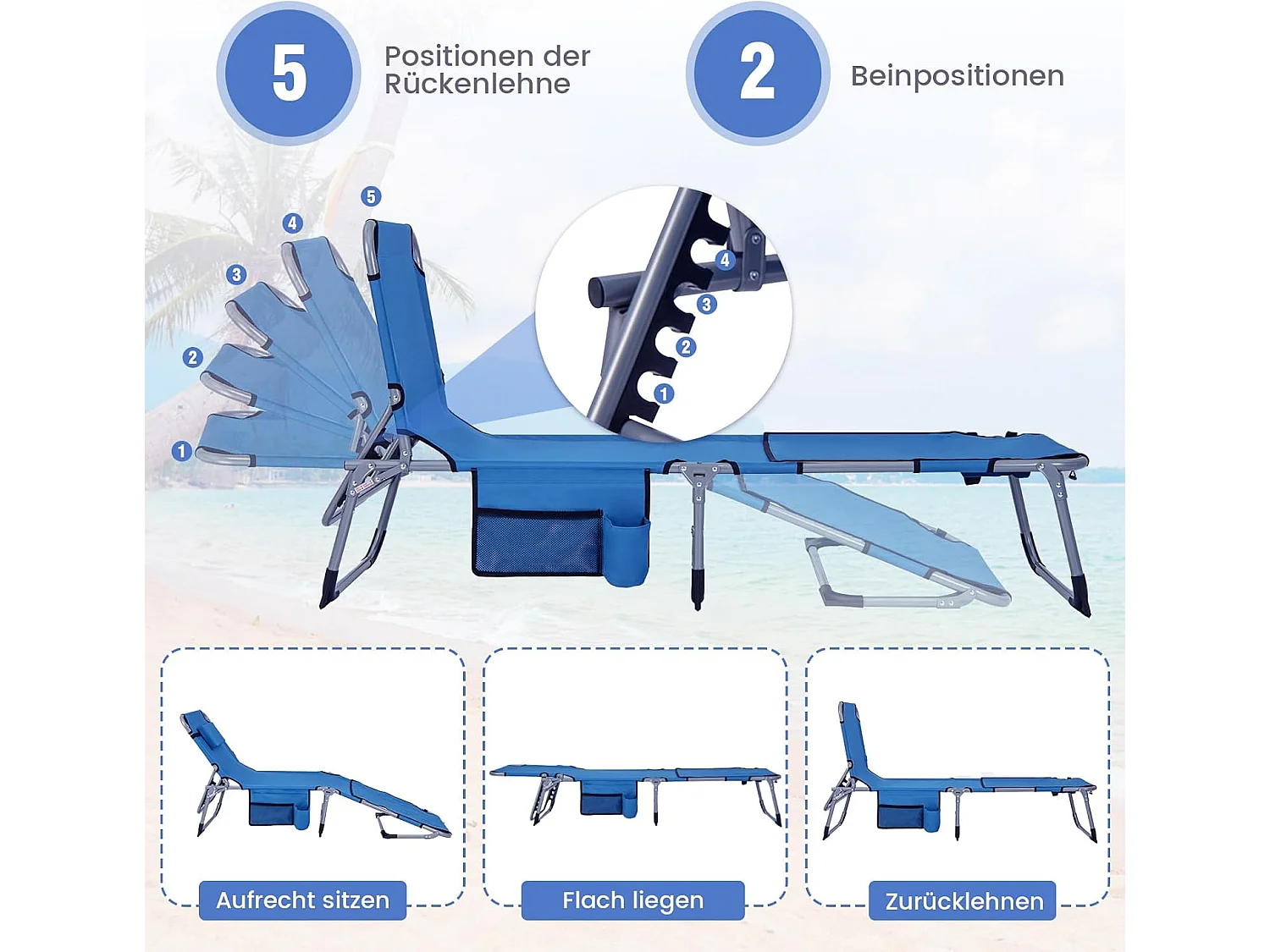 Zonneligstoel met gezichtsopening, opvouwbare ligstoel met verstelbare rugleuning en voetensteun, afneembaar kussen, zijzak, ligstoel blauwZB33480