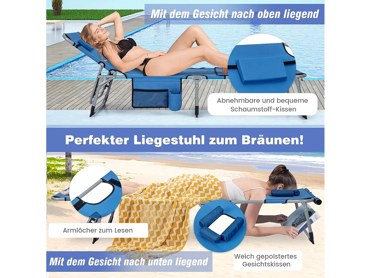 Zonneligstoel met gezichtsopening, opvouwbare ligstoel met verstelbare rugleuning en voetensteun, afneembaar kussen, zijzak, ligstoel blauwZB33480
