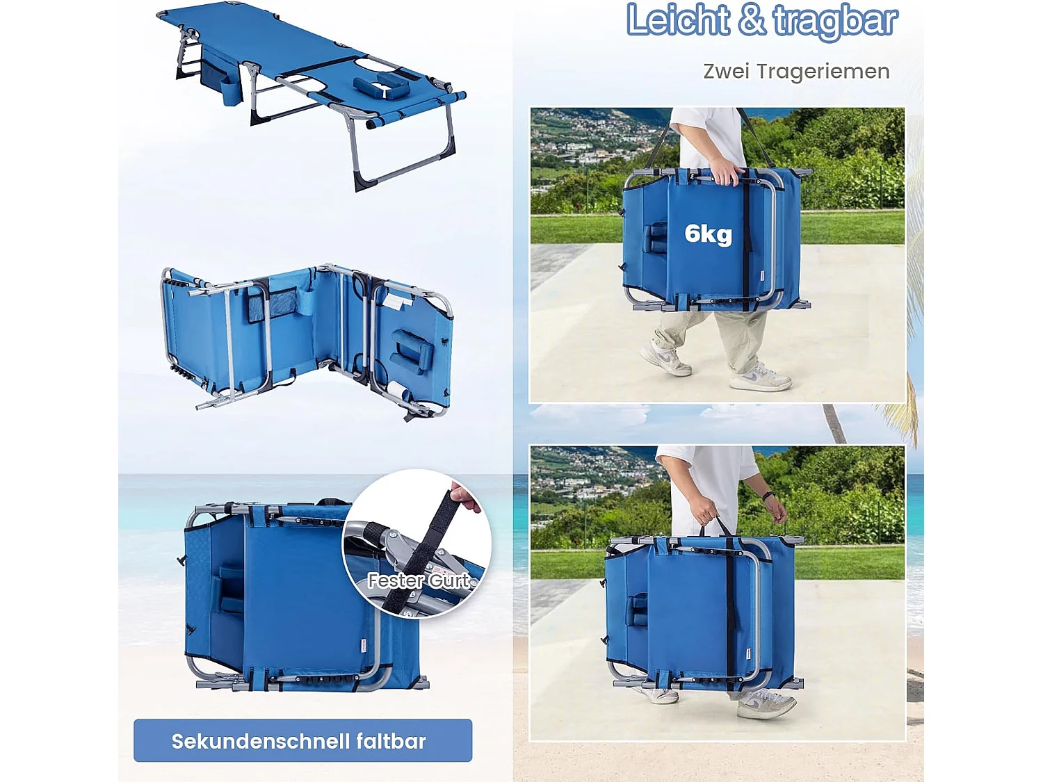 Zonneligstoel met gezichtsopening, opvouwbare ligstoel met verstelbare rugleuning en voetensteun, afneembaar kussen, zijzak, ligstoel blauwZB33480