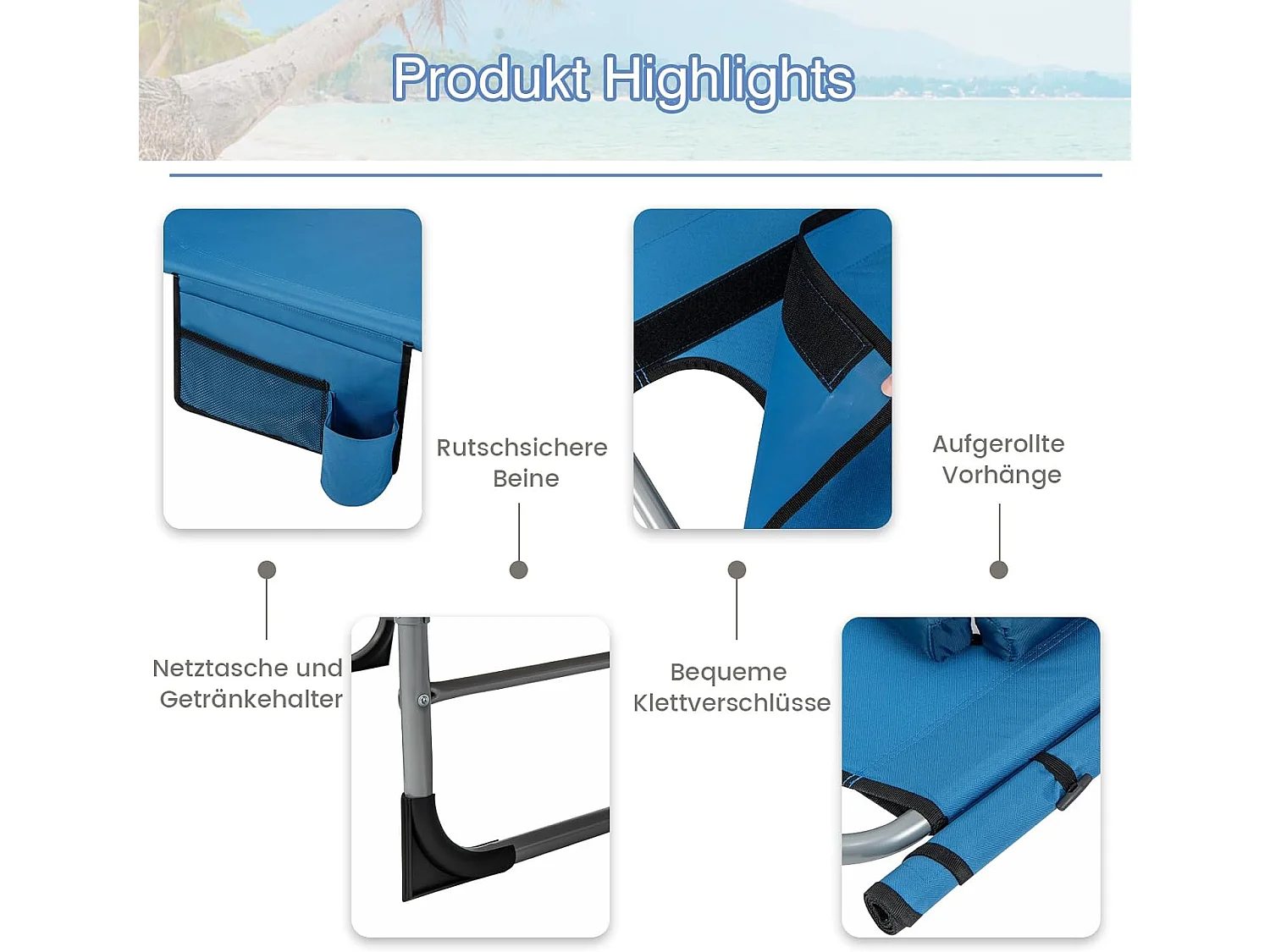 Zonneligstoel met gezichtsopening, opvouwbare ligstoel met verstelbare rugleuning en voetensteun, afneembaar kussen, zijzak, ligstoel blauwZB33480