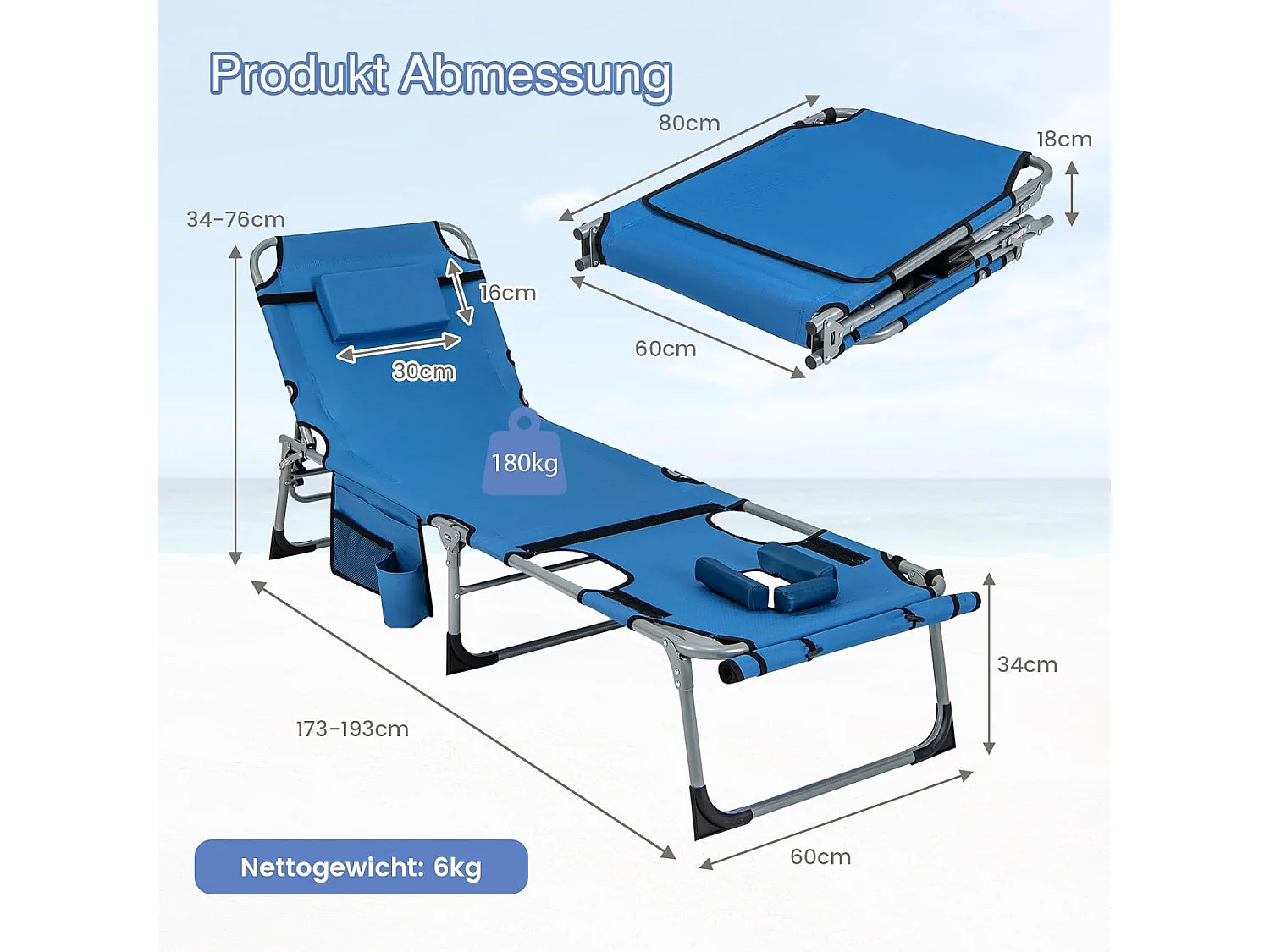 Zonneligstoel met gezichtsopening, opvouwbare ligstoel met verstelbare rugleuning en voetensteun, afneembaar kussen, zijzak, ligstoel blauwZB33480