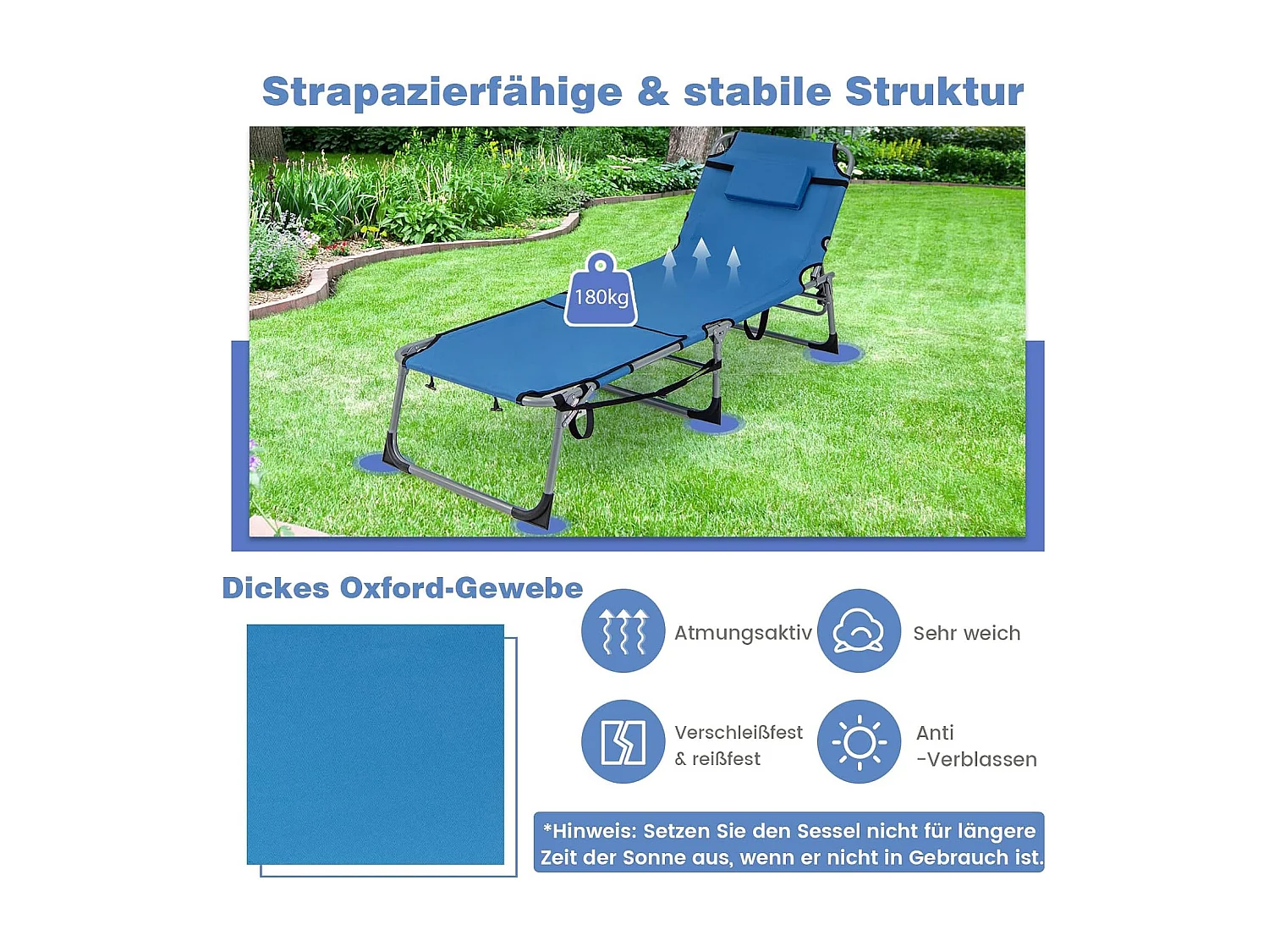 Zonneligstoel met gezichtsopening, opvouwbare ligstoel met verstelbare rugleuning en voetensteun, afneembaar kussen, zijzak, ligstoel blauwZB33480