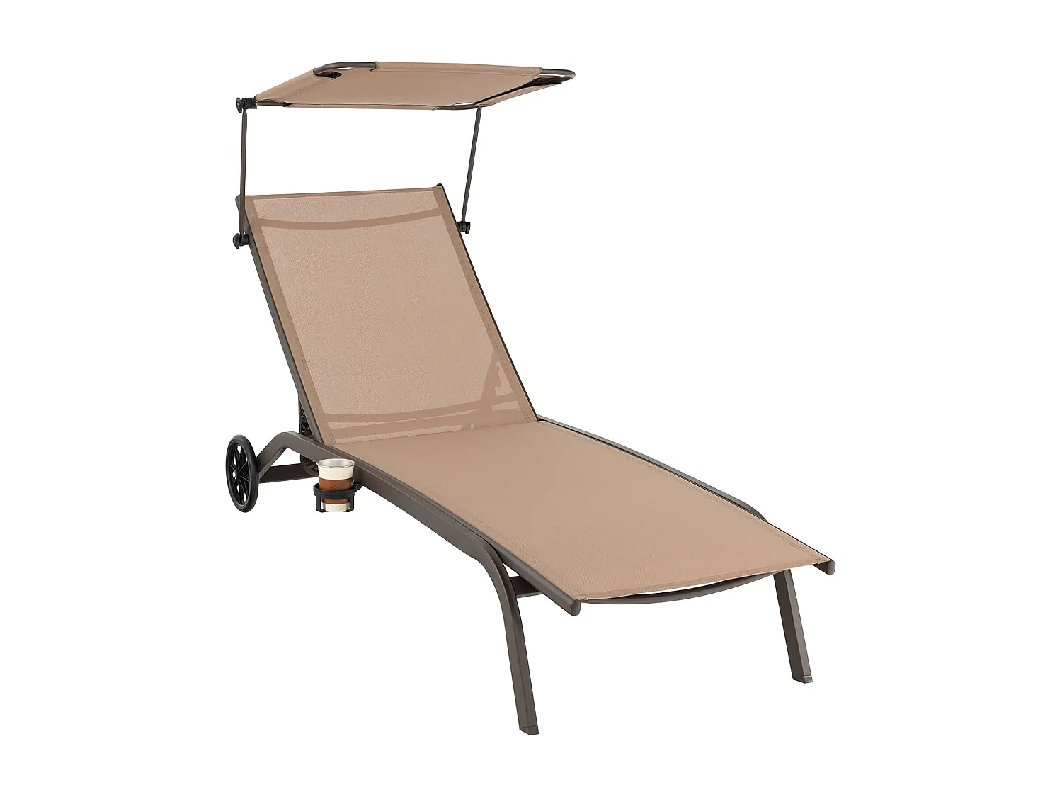 Zonneligstoel met wieltjes, dak en bekerhouder, ligstoel met verstelbare rugleuning, terrasstoel, outdoor ligstoel, strandstoel bruin ZB32119