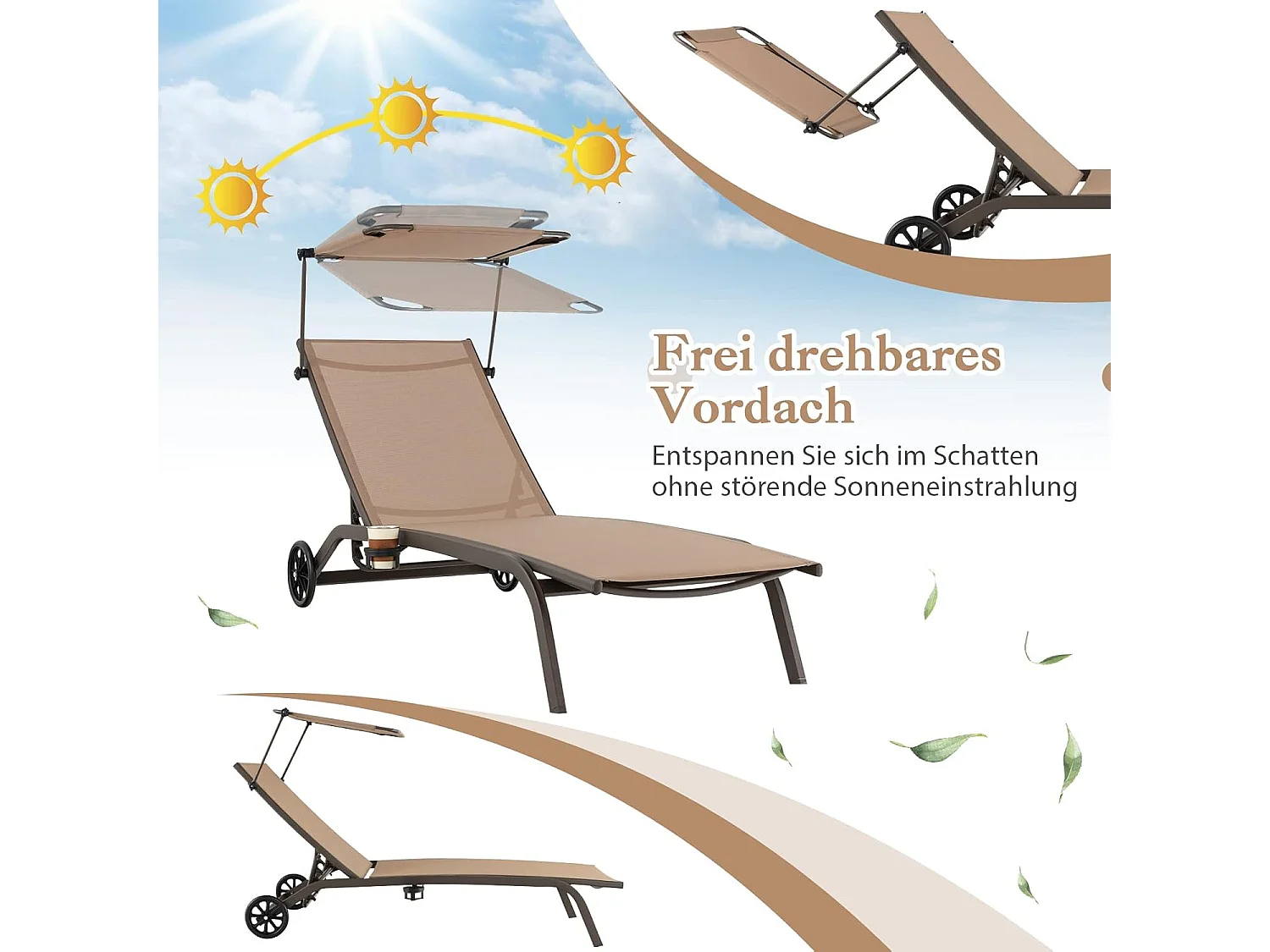Zonneligstoel met wieltjes, dak en bekerhouder, ligstoel met verstelbare rugleuning, terrasstoel, outdoor ligstoel, strandstoel bruin ZB32119