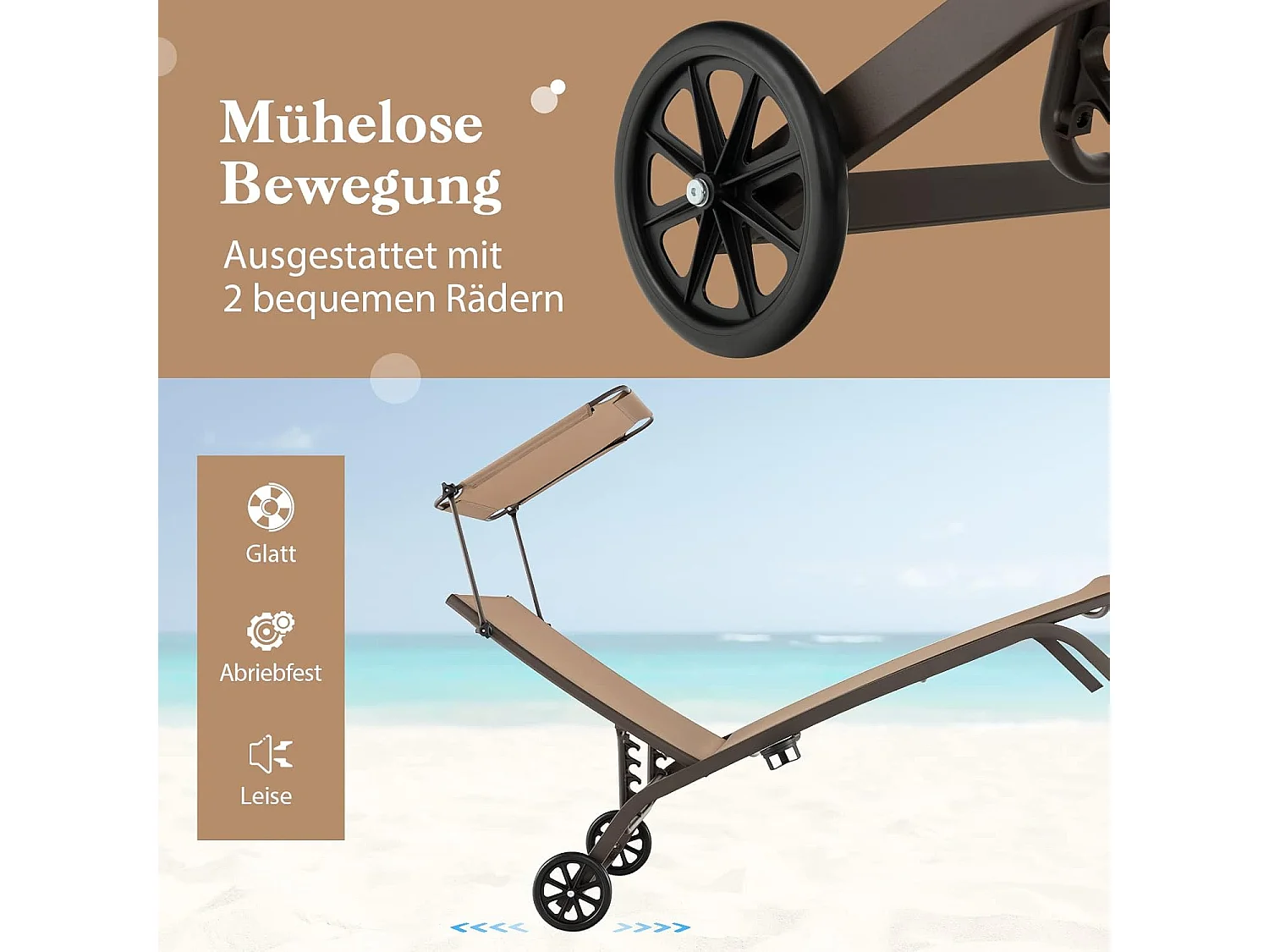 Zonneligstoel met wieltjes, dak en bekerhouder, ligstoel met verstelbare rugleuning, terrasstoel, outdoor ligstoel, strandstoel bruin ZB32119